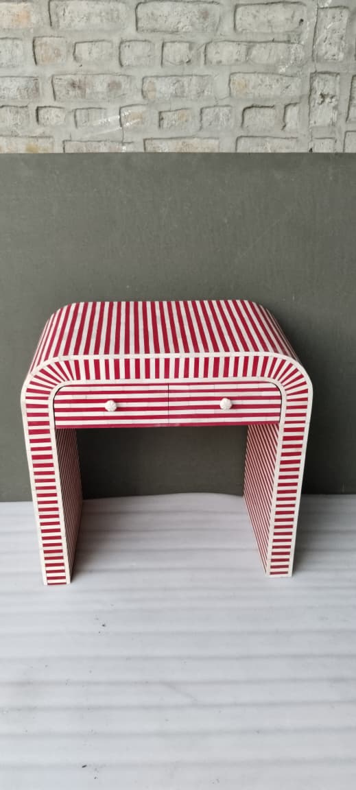 Handmade Red & White Striped Bone Inlay Nightstand – 2 Drawer Waterfall Bedside Table