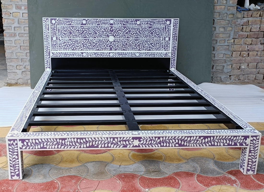 Handmade Purple Bone Inlay Bed Floral Design Luxury Platform Bed Frame