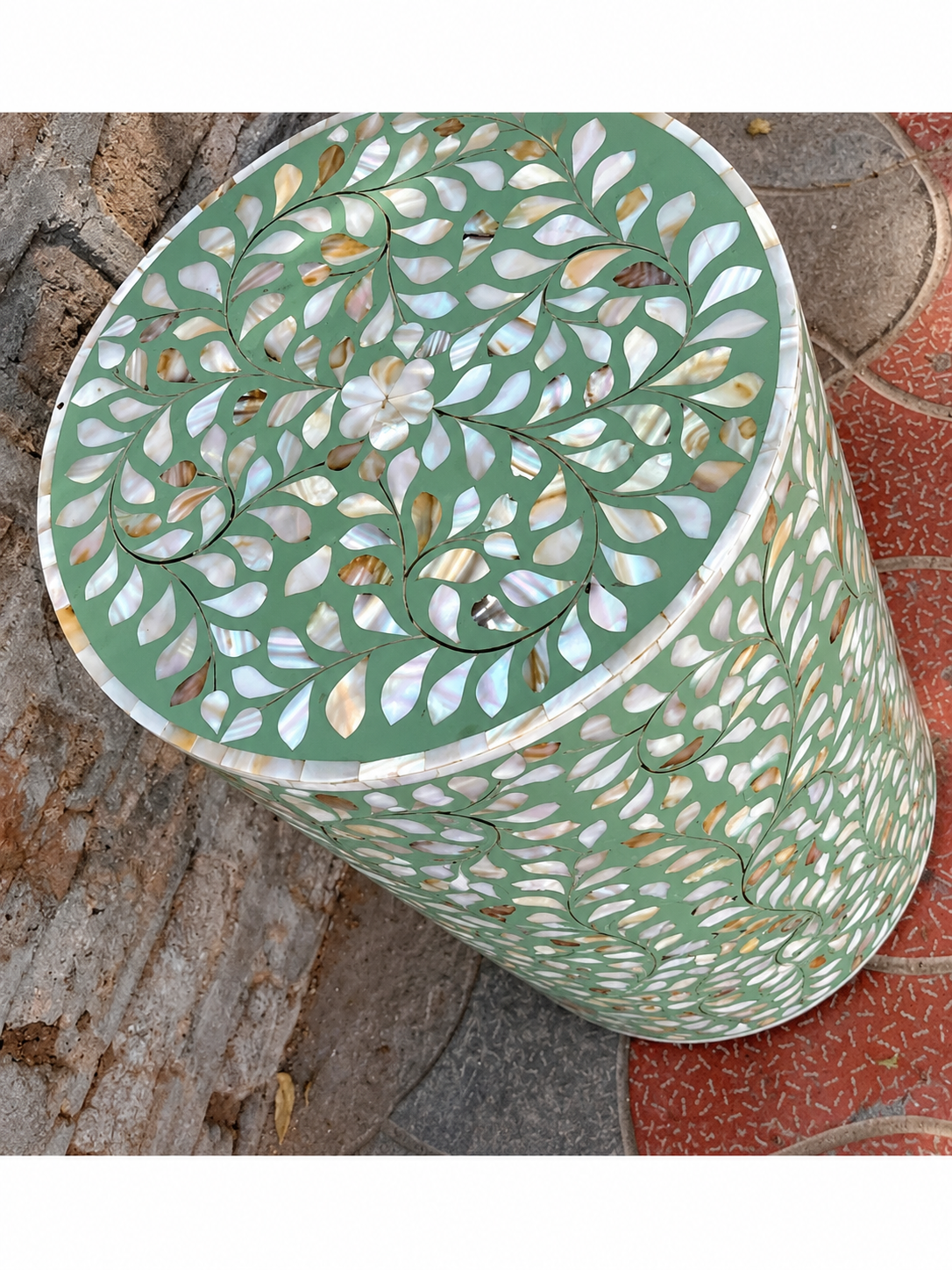 Mint Green Mother of Pearl Inlay Garden Stool – Handmade Floral Round Side Table