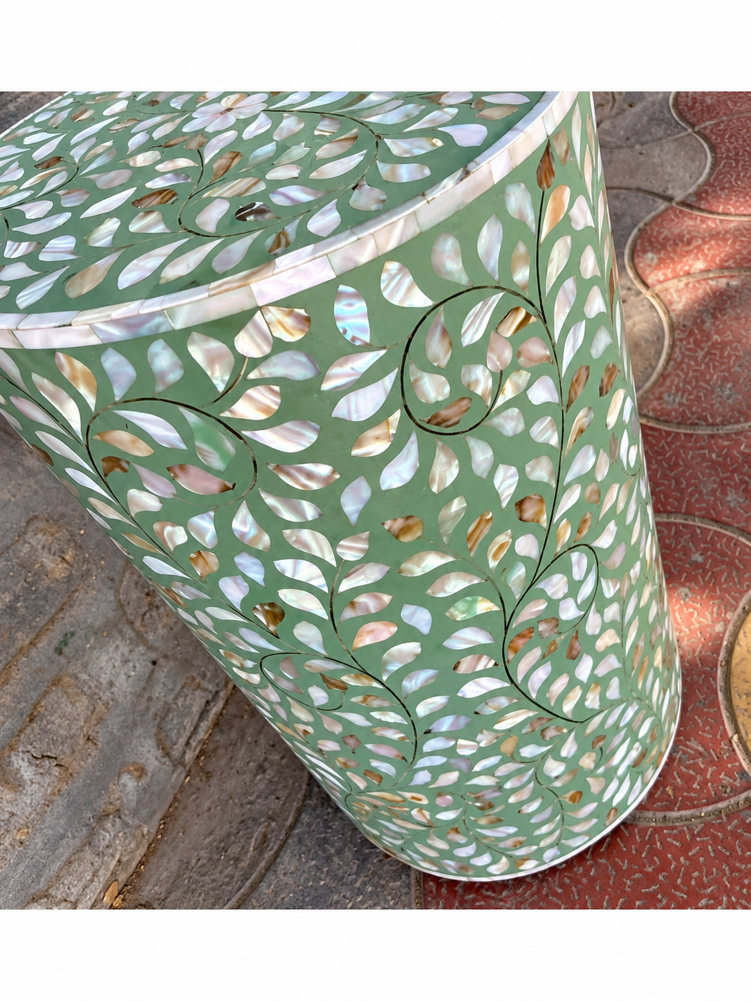 Mint Green Mother of Pearl Inlay Garden Stool – Handmade Floral Round Side Table