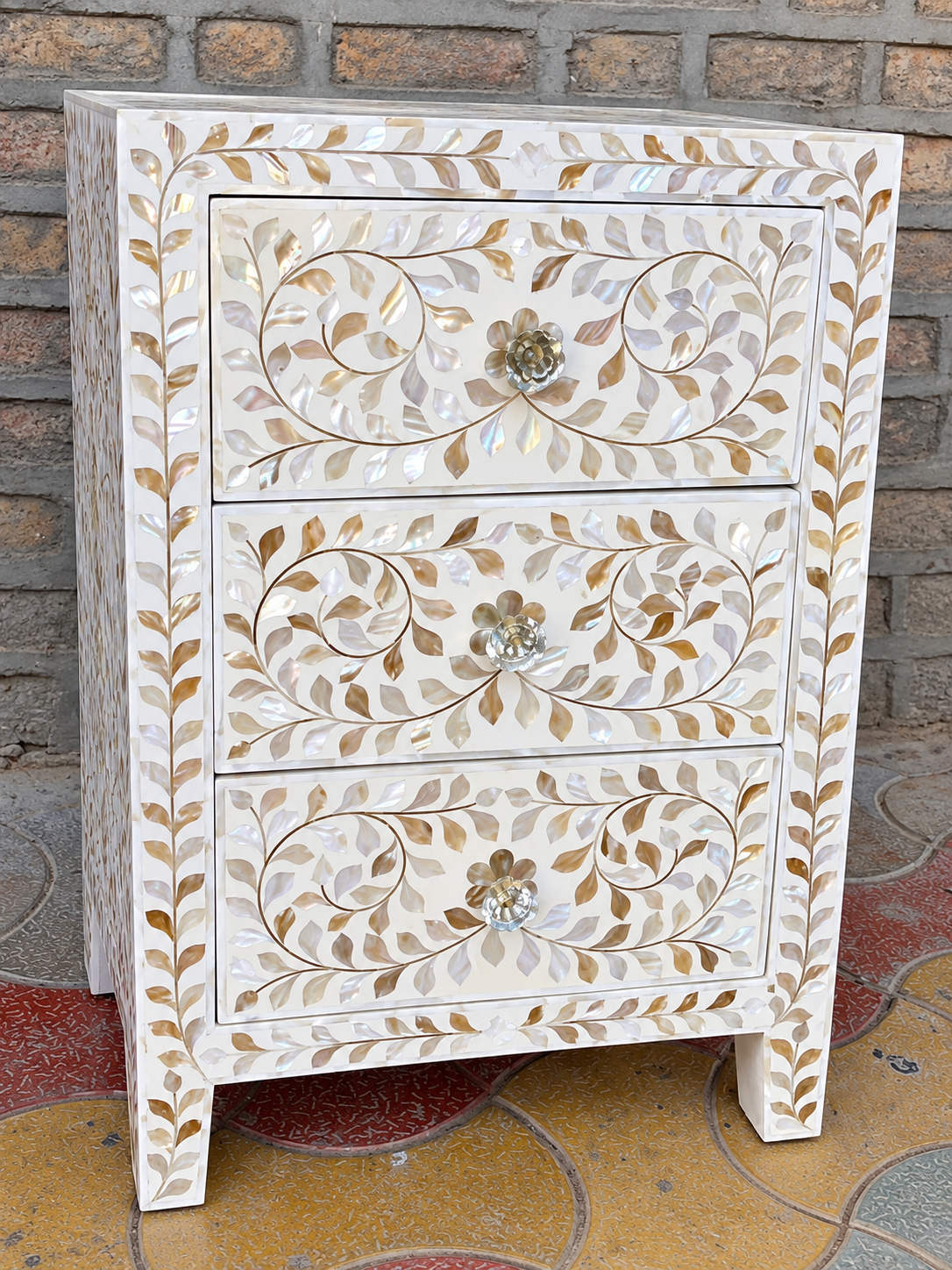 White Mother of Pearl Inlay Bedside Table – Handmade Floral 3 Drawer Nightstand