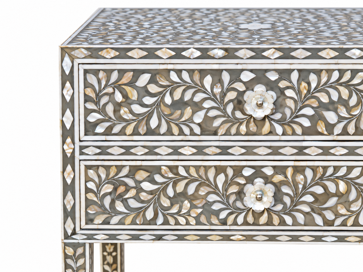Gray Mother of Pearl Inlay Bedside Table – Handmade Floral 2 Drawer Nightstand
