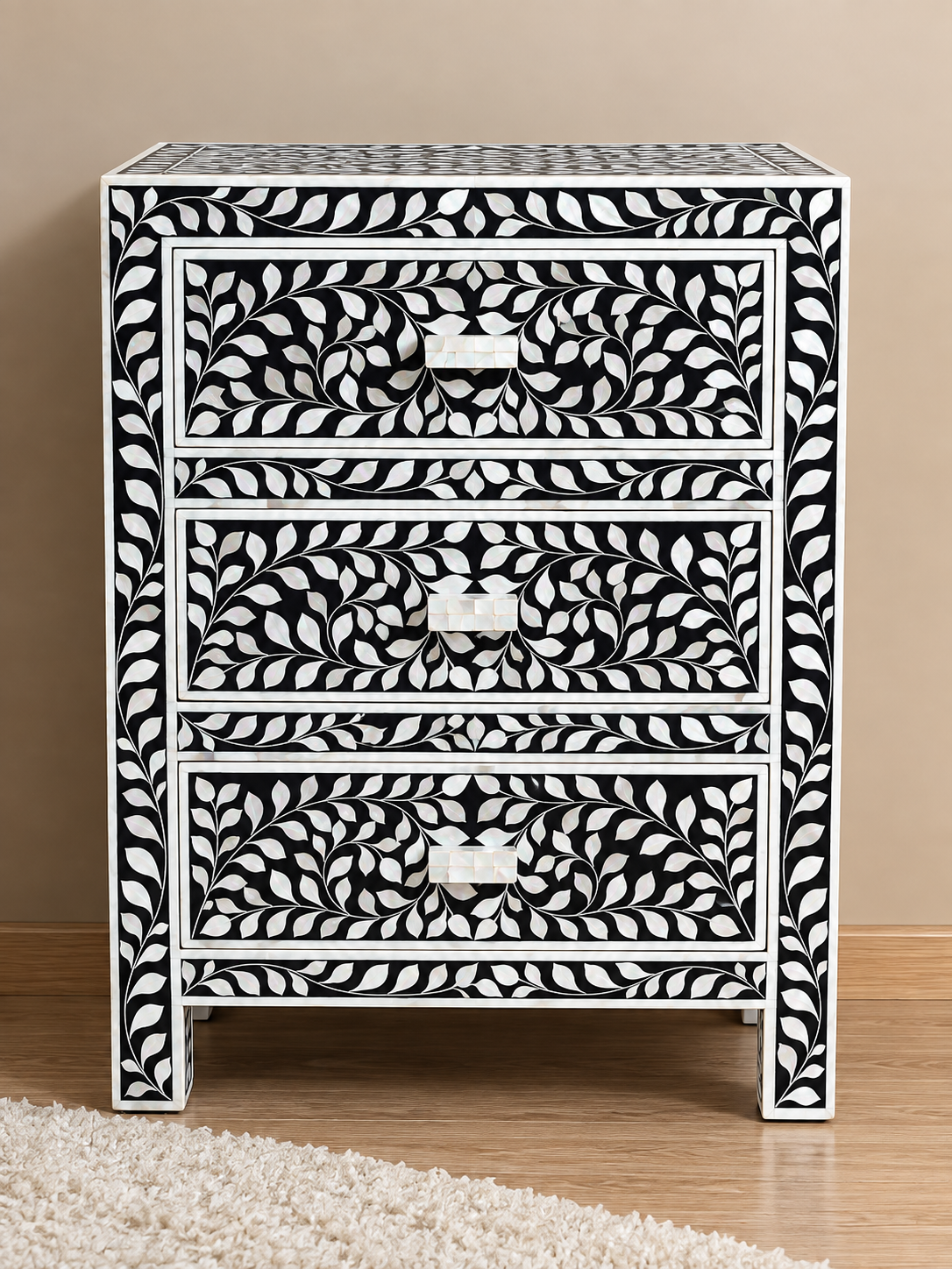 Black Mother of Pearl inlay bedside table with white floral pattern and three drawers