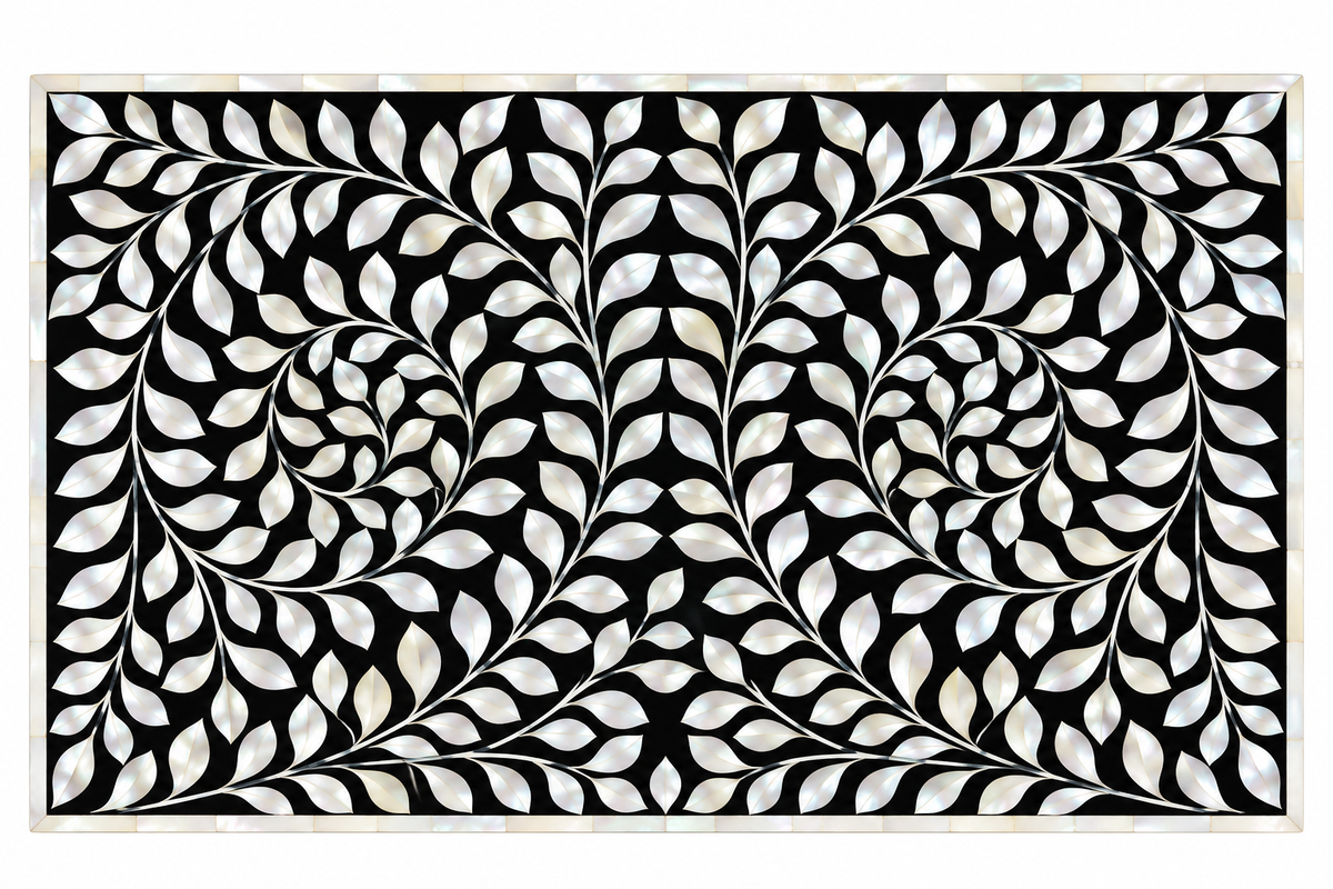 Black Mother of Pearl Inlay Bedside Table – Handmade Floral 3 Drawer Nightstand