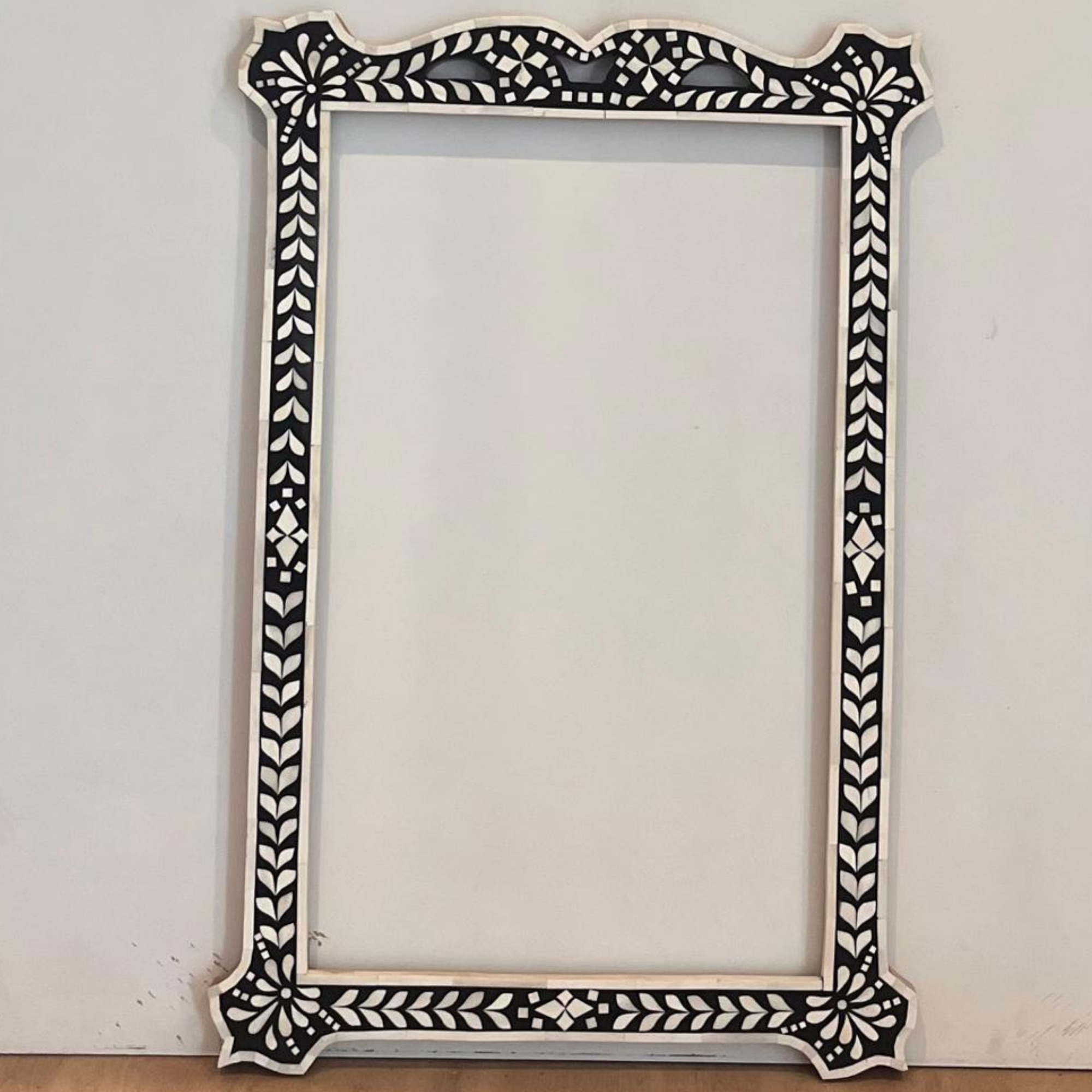 Handmade Black Bone Inlay Mirror Frame | Decorative Wall Mirror Frame | Floral Bone Inlay Mirror for Living Room & Bedroom