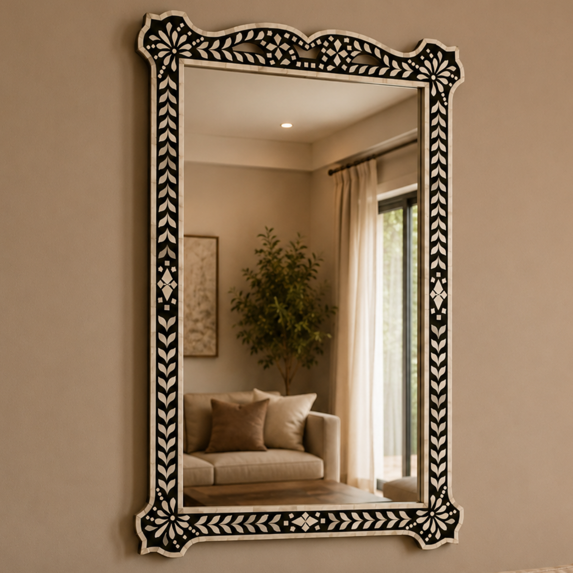 Handmade Black Bone Inlay Mirror Frame | Decorative Wall Mirror Frame | Floral Bone Inlay Mirror for Living Room & Bedroom