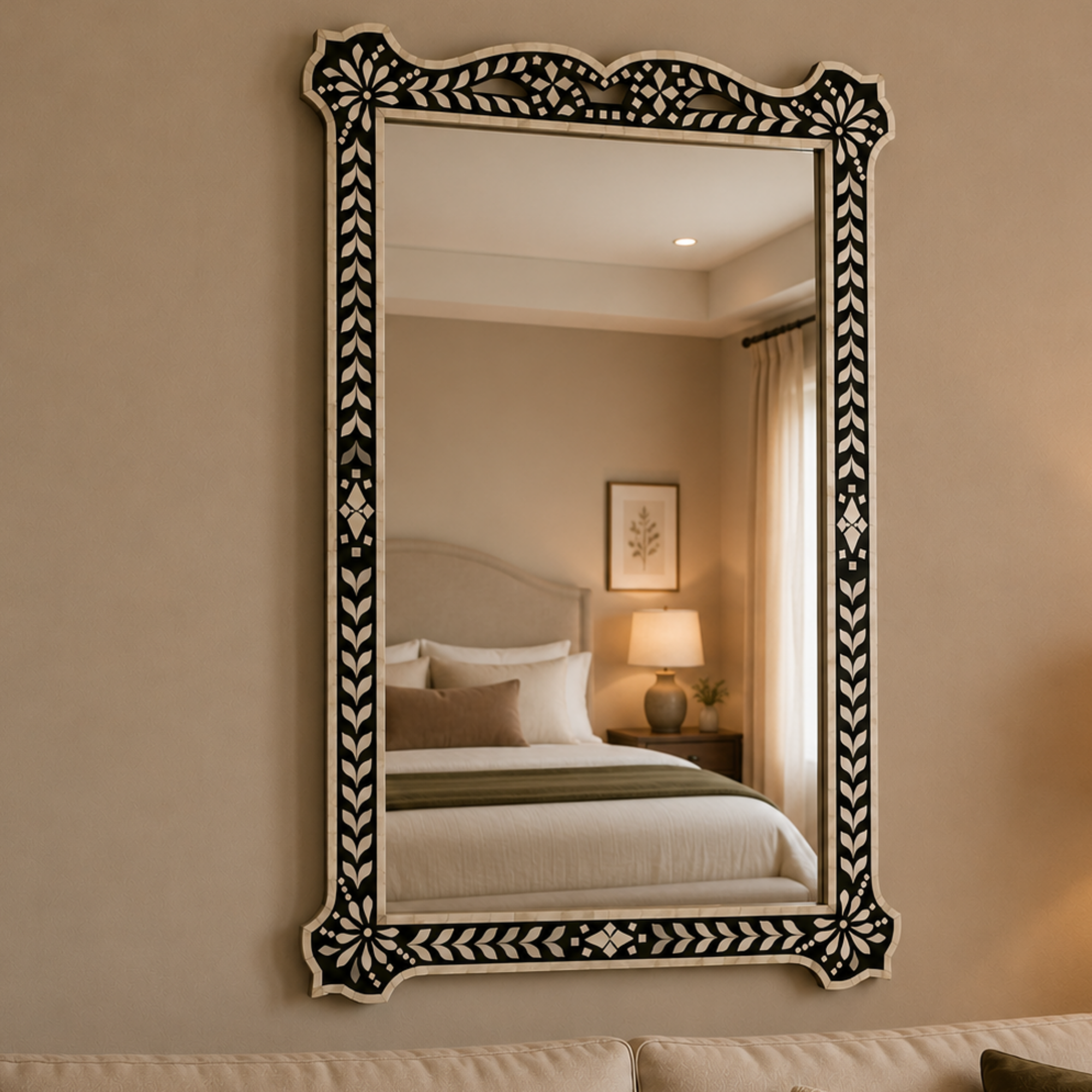 Handmade Black Bone Inlay Mirror Frame | Decorative Wall Mirror Frame | Floral Bone Inlay Mirror for Living Room & Bedroom