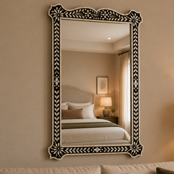 Handmade Black Bone Inlay Mirror Frame | Decorative Wall Mirror Frame | Floral Bone Inlay Mirror for Living Room & Bedroom