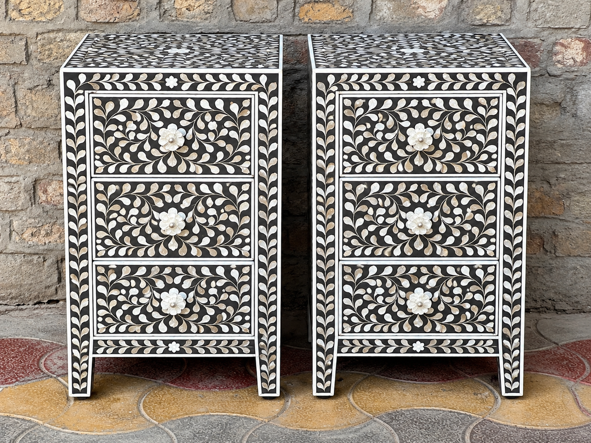 Set of 2 black Mother of Pearl inlay bedside tables with floral leaf pattern and three drawers each