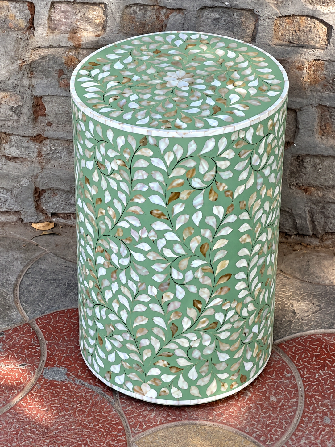 Mint Green Mother of Pearl Inlay Garden Stool – Handmade Floral Round Side Table