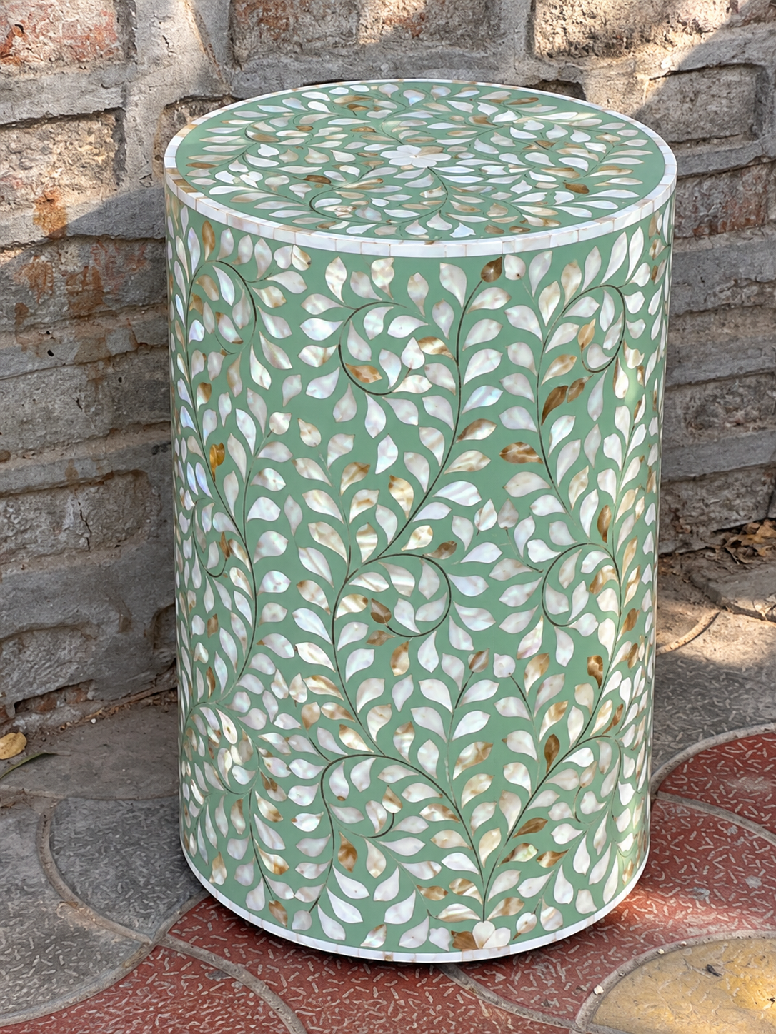 Mint green Mother of Pearl inlay garden stool with handmade floral vine design