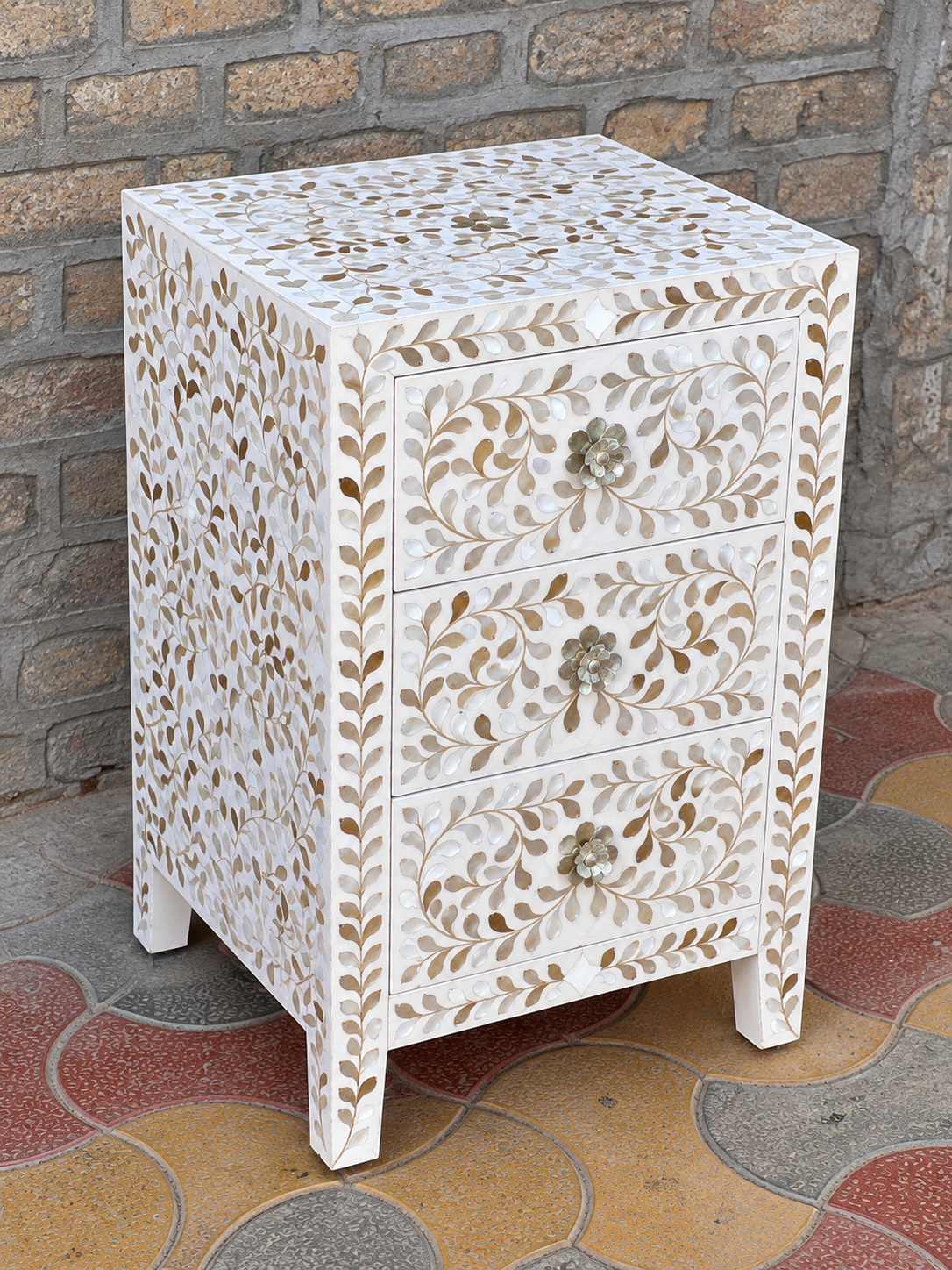 White Mother of Pearl Inlay Bedside Table – Handmade Floral 3 Drawer Nightstand