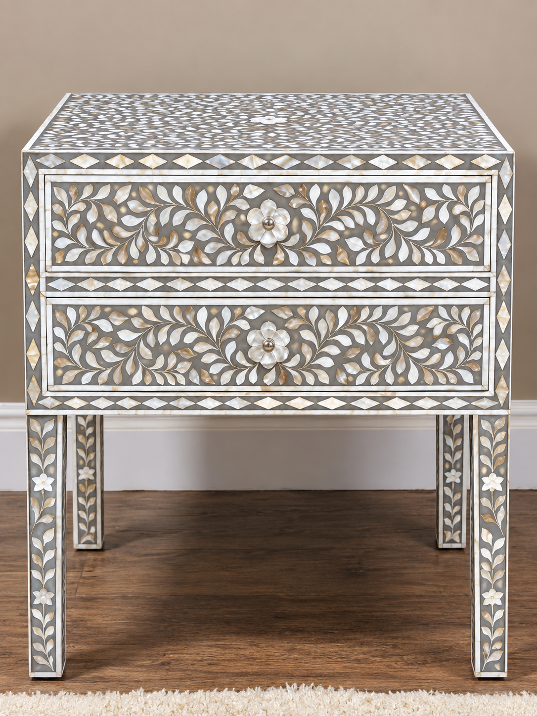 Gray Mother of Pearl Inlay Bedside Table – Handmade Floral 2 Drawer Nightstand