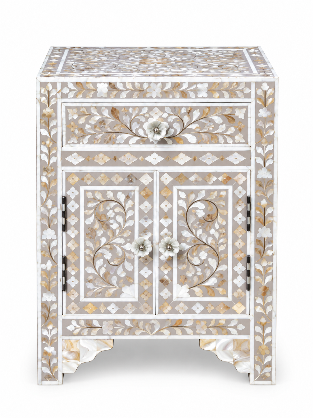 White Mother of Pearl Inlay Cabinet – Handmade Floral Storage Cabinet with Drawer & 2 Doors
