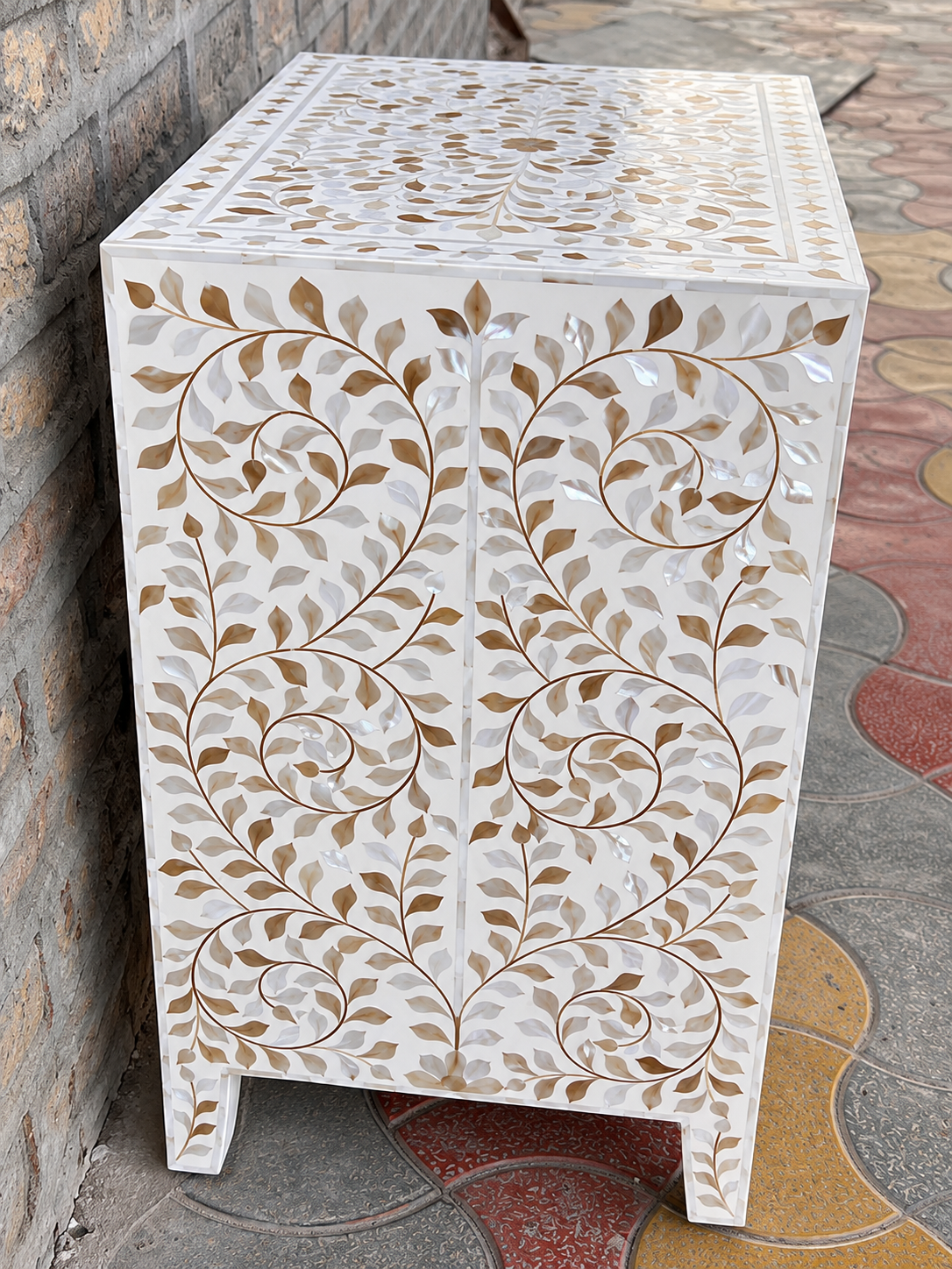 White Mother of Pearl Inlay Bedside Table – Handmade Floral 3 Drawer Nightstand