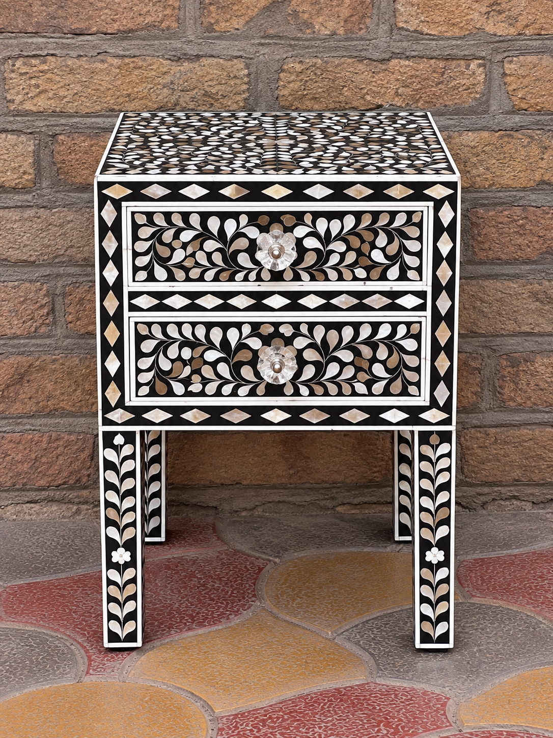 Black Mother of Pearl inlay bedside table with floral pattern and two storage drawers