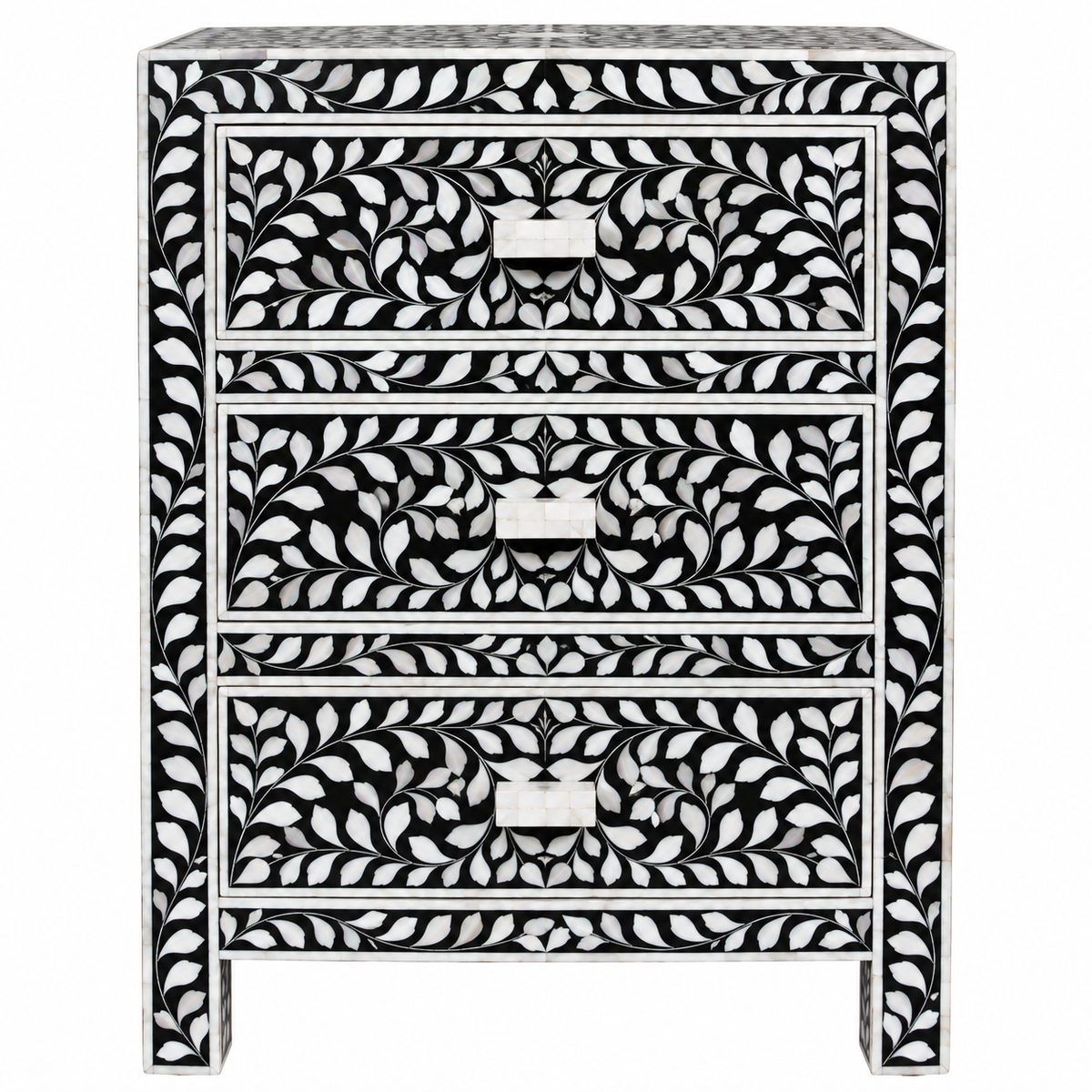 Black Mother of Pearl Inlay Bedside Table – Handmade Floral 3 Drawer Nightstand