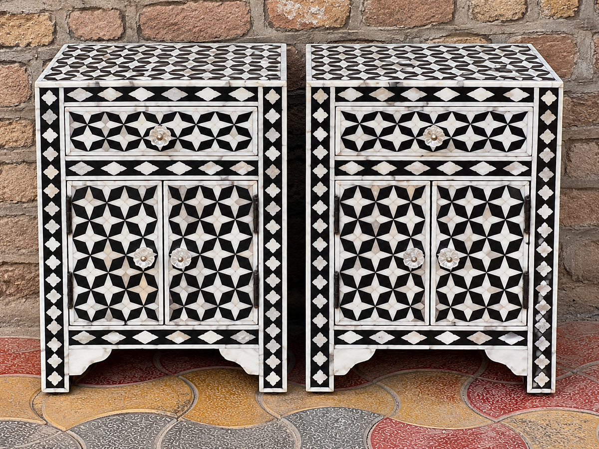 Set of 2 black and white Mother of Pearl inlay bedside tables with geometric pattern, drawers and cabinet doors