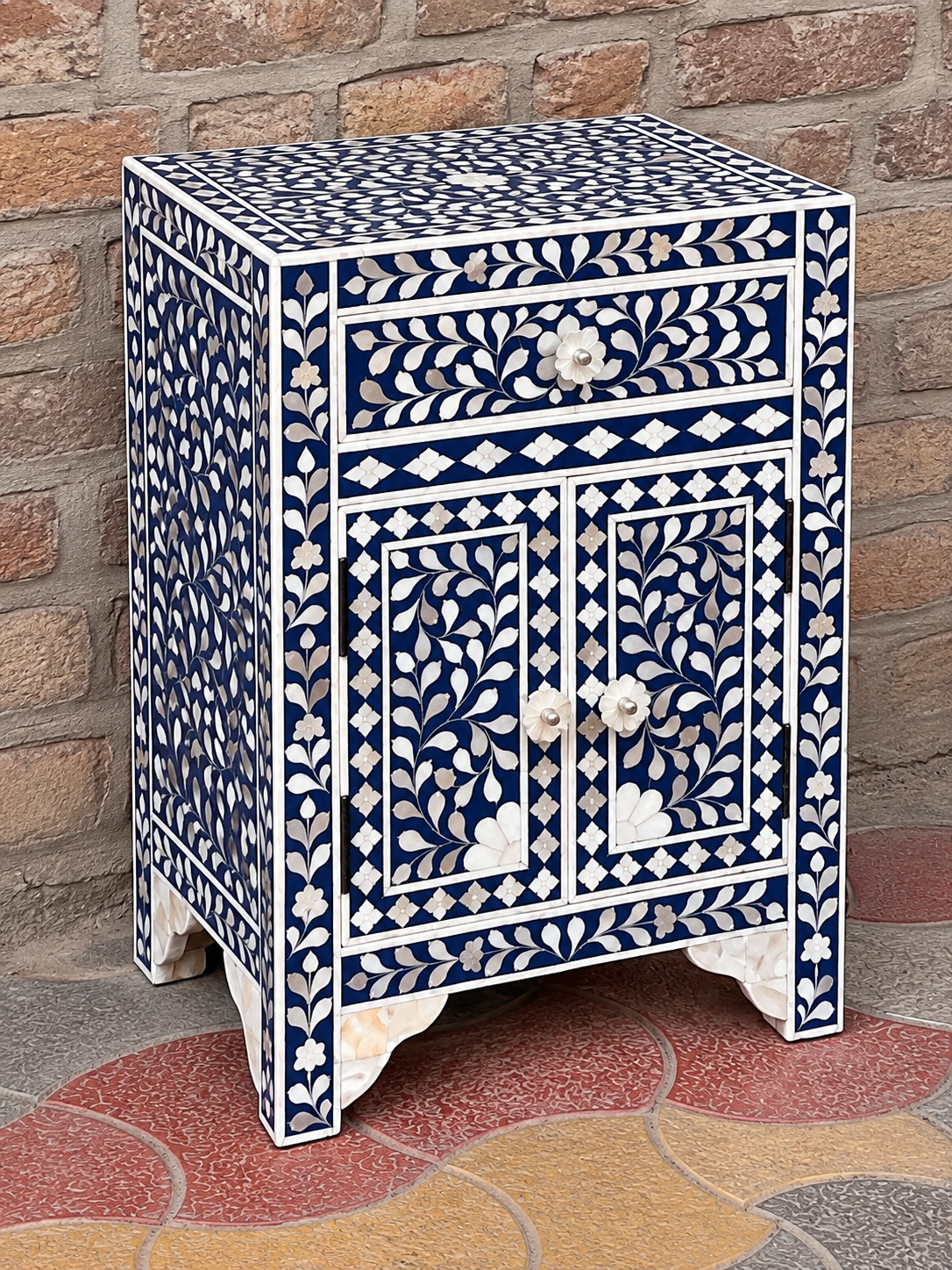 Blue Mother of Pearl Inlay Cabinet – Handmade Floral Storage Cabinet with Drawer & 2 Doors