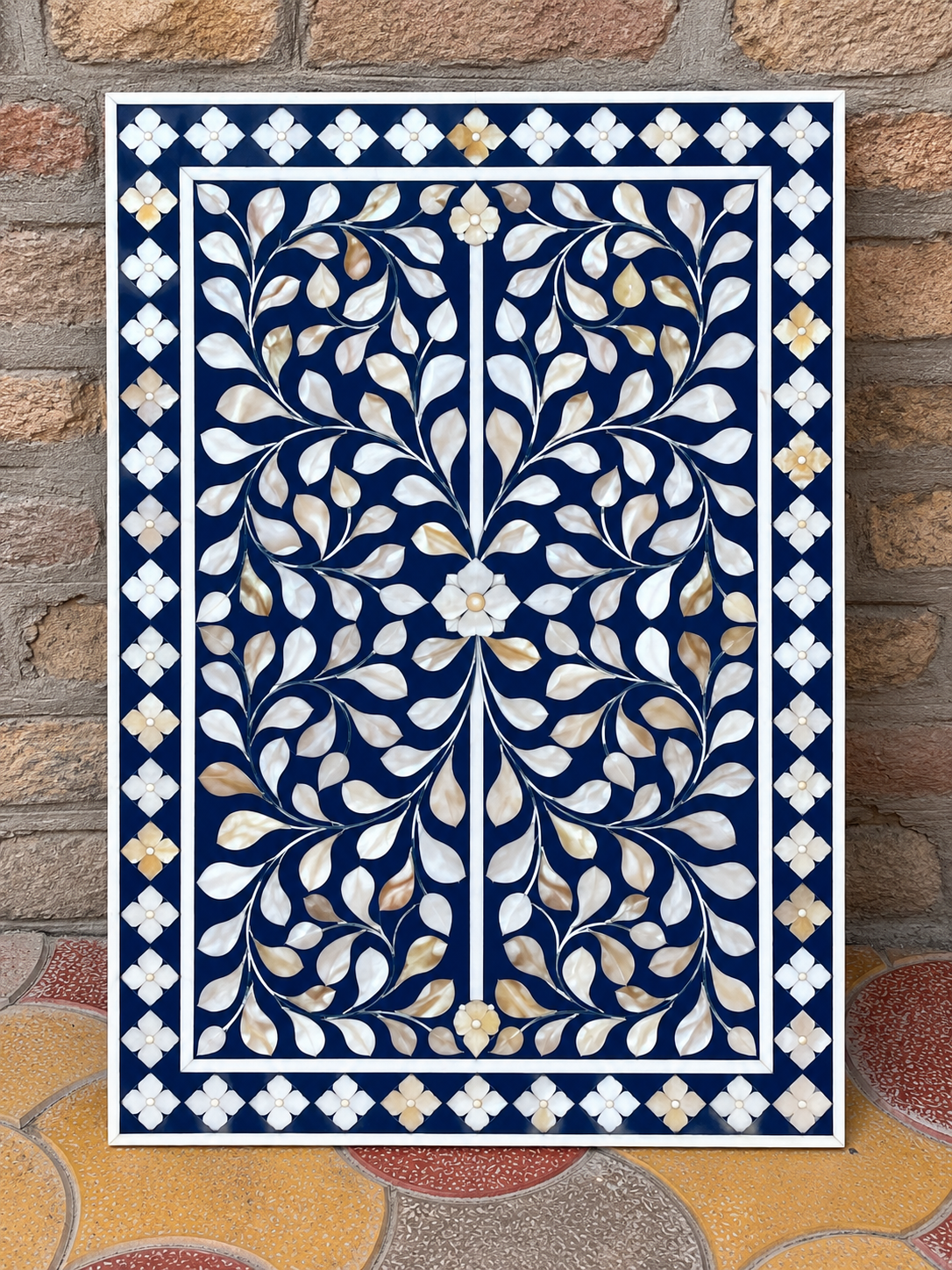 Blue Mother of Pearl Inlay Cabinet – Handmade Floral Storage Cabinet with Drawer & 2 Doors