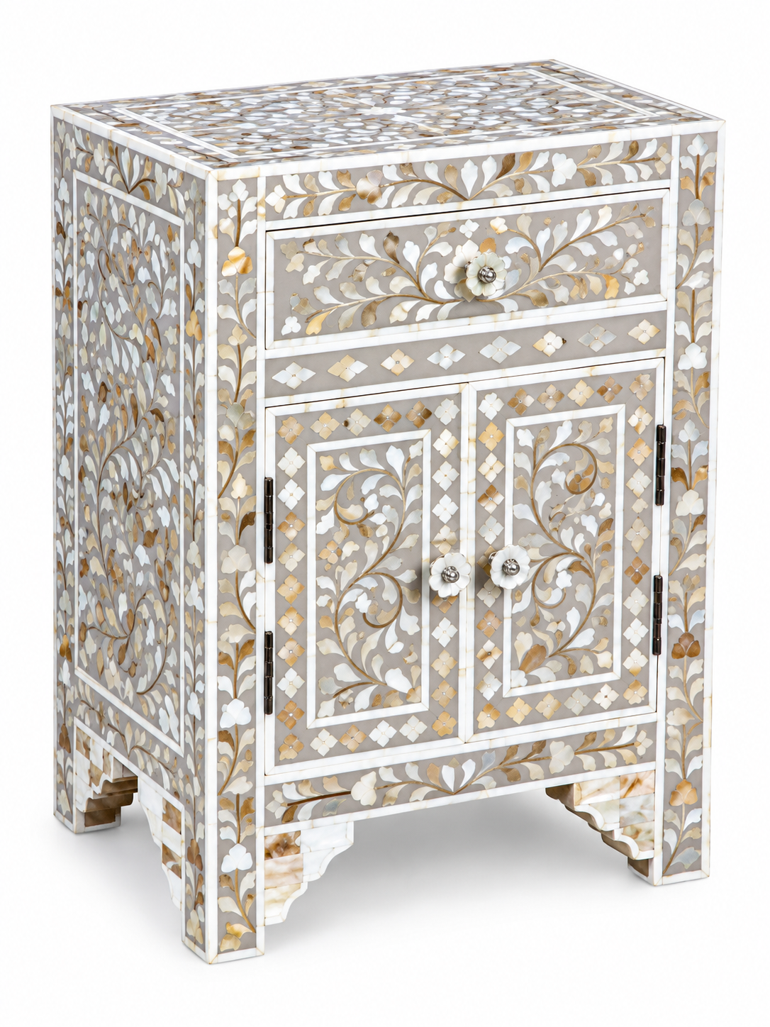 White Mother of Pearl Inlay Cabinet – Handmade Floral Storage Cabinet with Drawer & 2 Doors