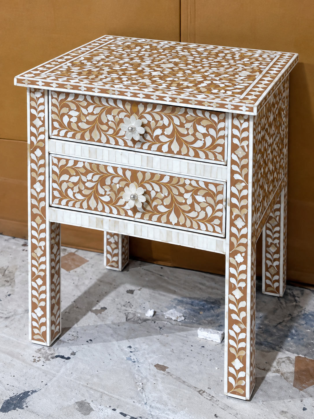 Brown Mother of Pearl Inlay Bedside Table – Handmade Floral Nightstand with 2 Drawers
