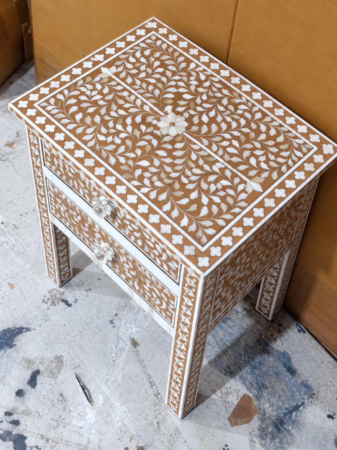 Brown Mother of Pearl Inlay Bedside Table – Handmade Floral Nightstand with 2 Drawers