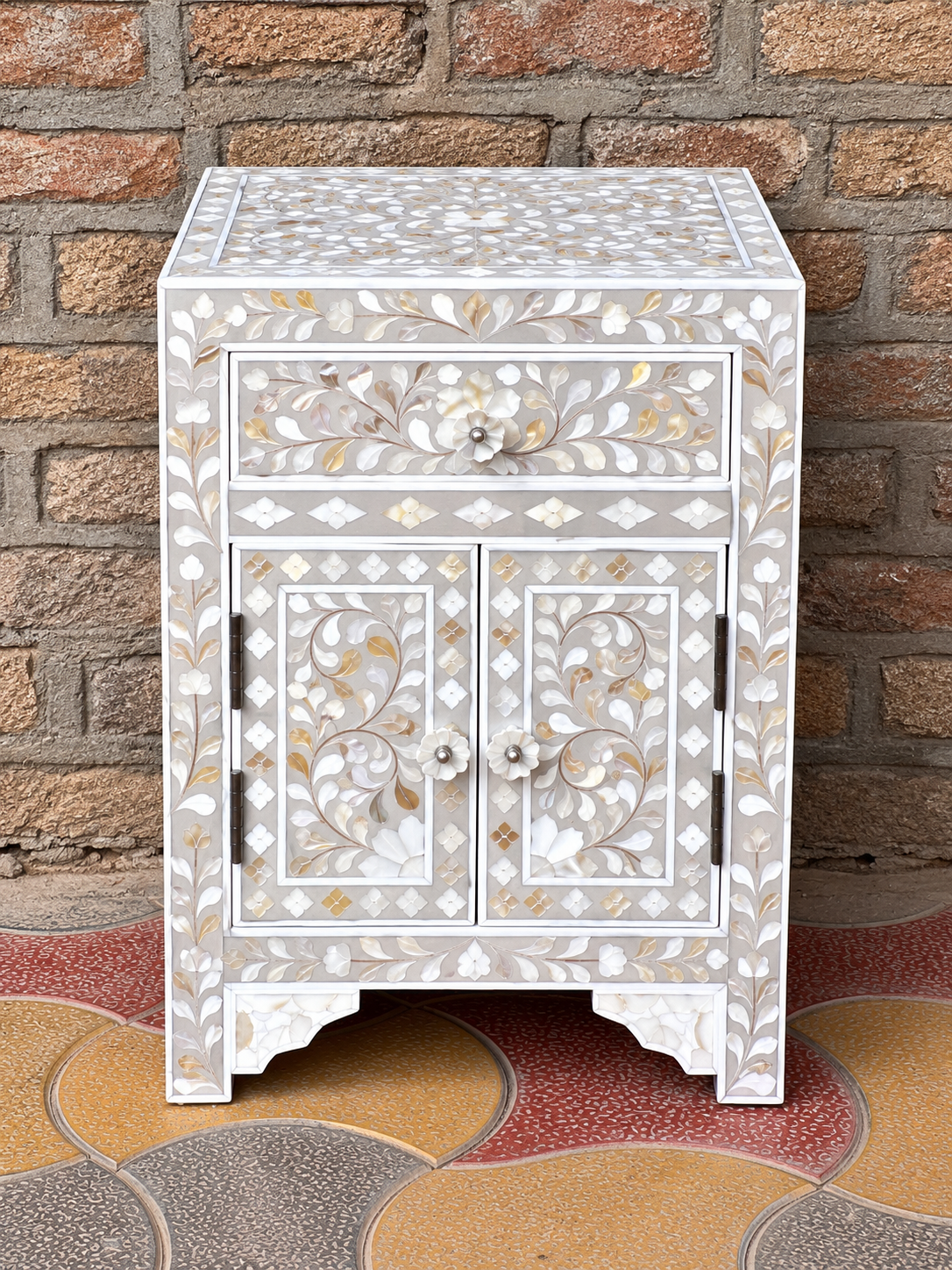 White Mother of Pearl inlay cabinet with floral design, one drawer and two doors