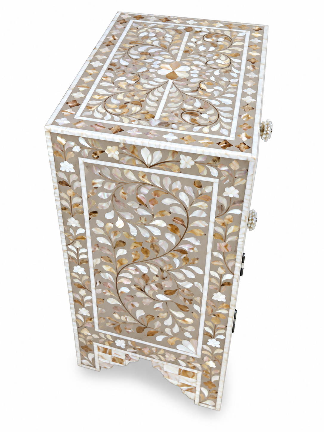White Mother of Pearl Inlay Cabinet – Handmade Floral Storage Cabinet with Drawer & 2 Doors