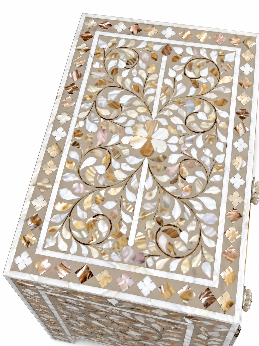 White Mother of Pearl Inlay Cabinet – Handmade Floral Storage Cabinet with Drawer & 2 Doors