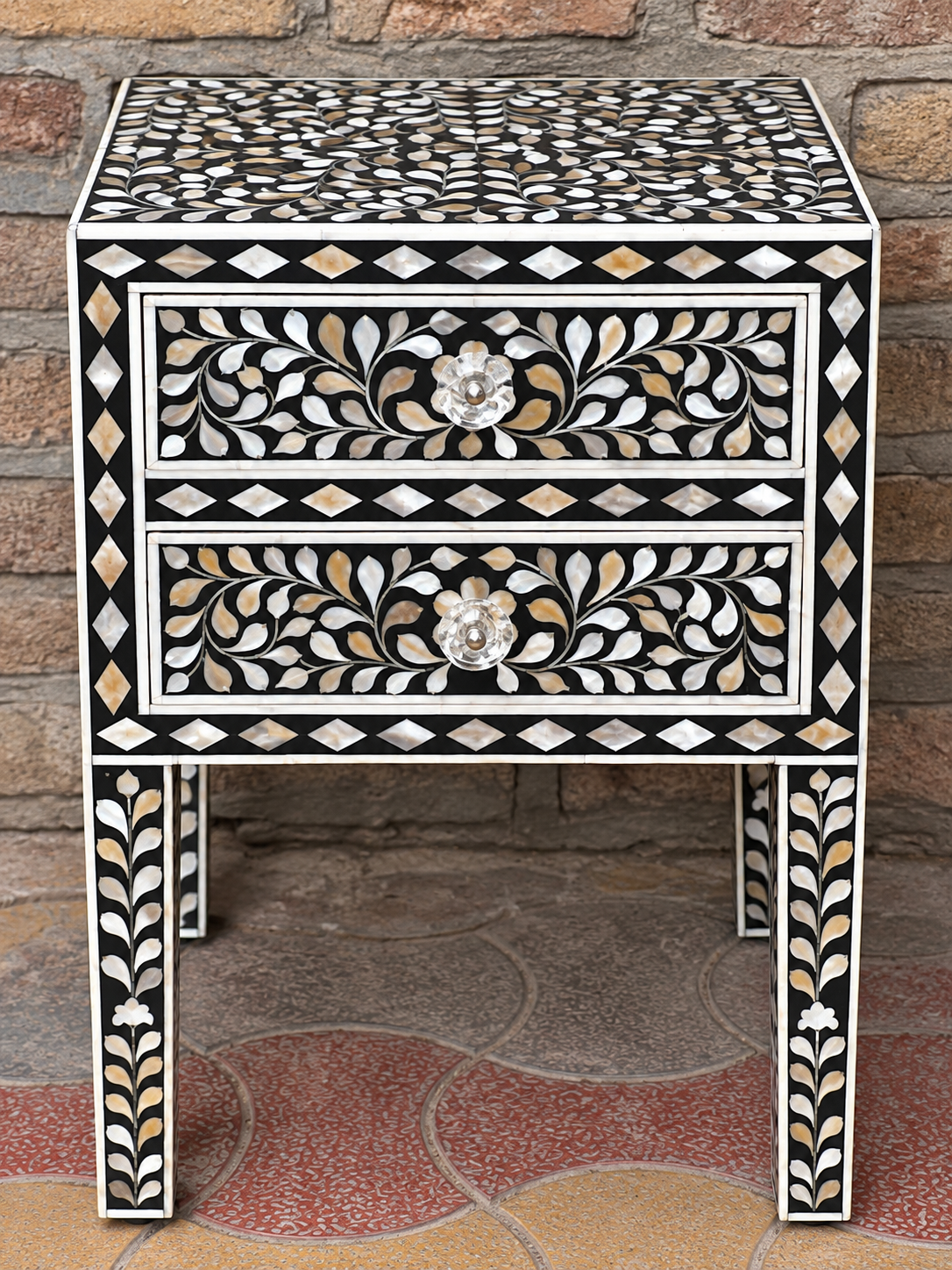 Black Mother of Pearl Inlay Bedside Table – Handmade Floral 2 Drawer Nightstand