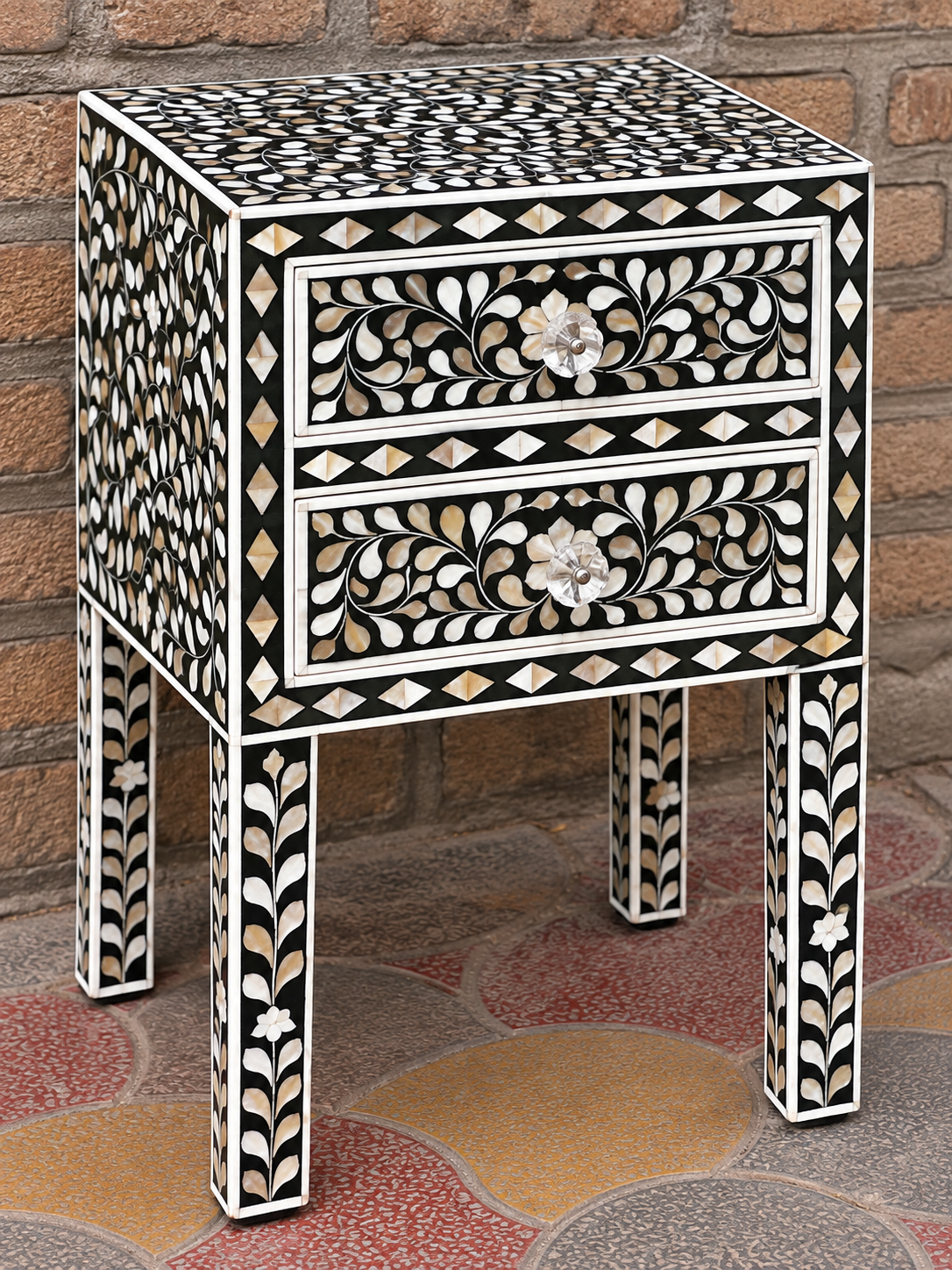 Black Mother of Pearl Inlay Bedside Table – Handmade Floral 2 Drawer Nightstand
