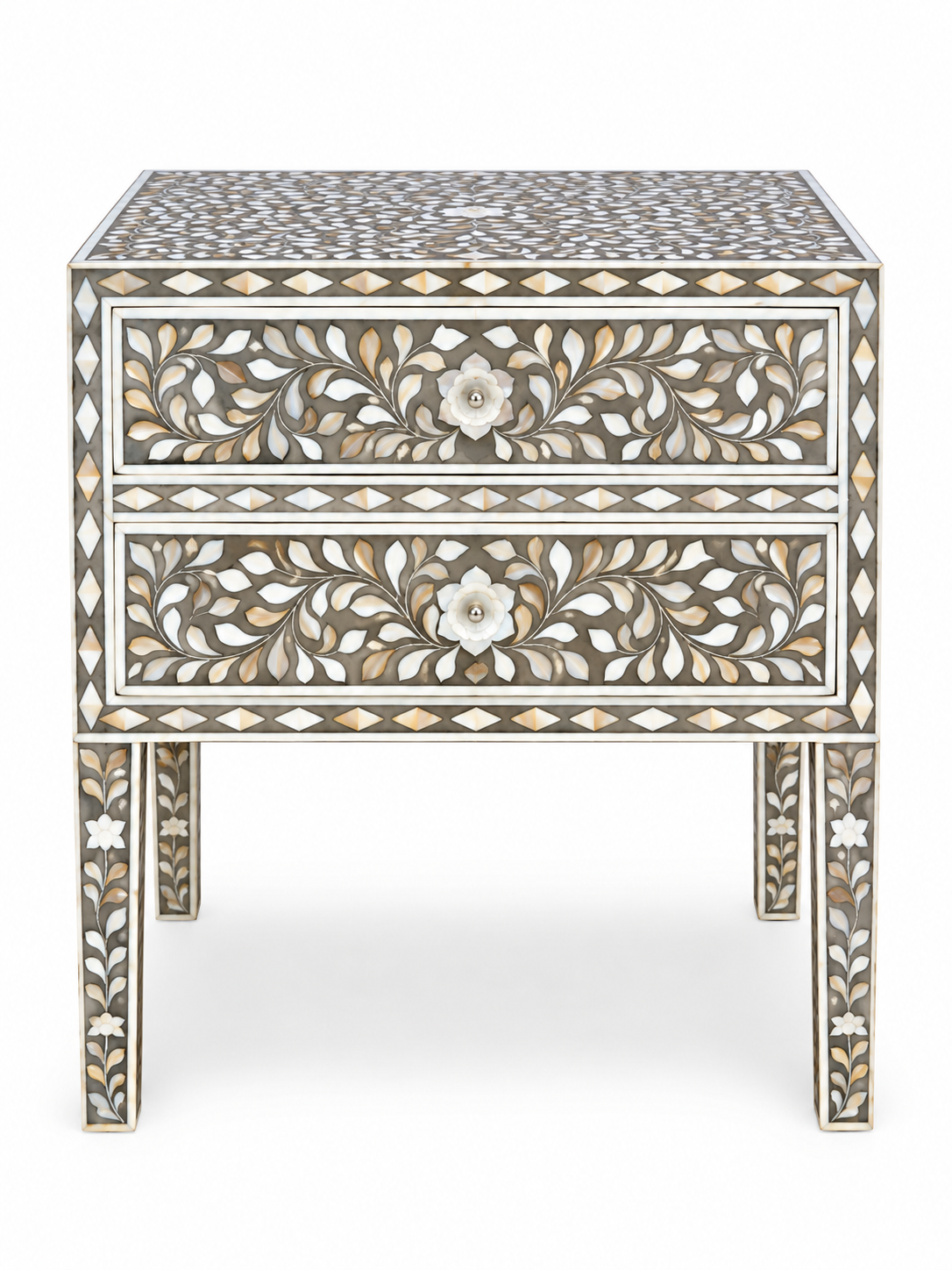 Gray Mother of Pearl Inlay Bedside Table – Handmade Floral 2 Drawer Nightstand