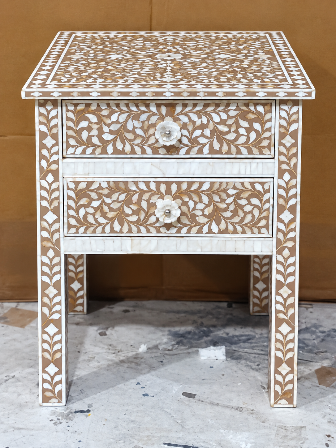 Brown Mother of Pearl inlay bedside table with floral design and two storage drawers   