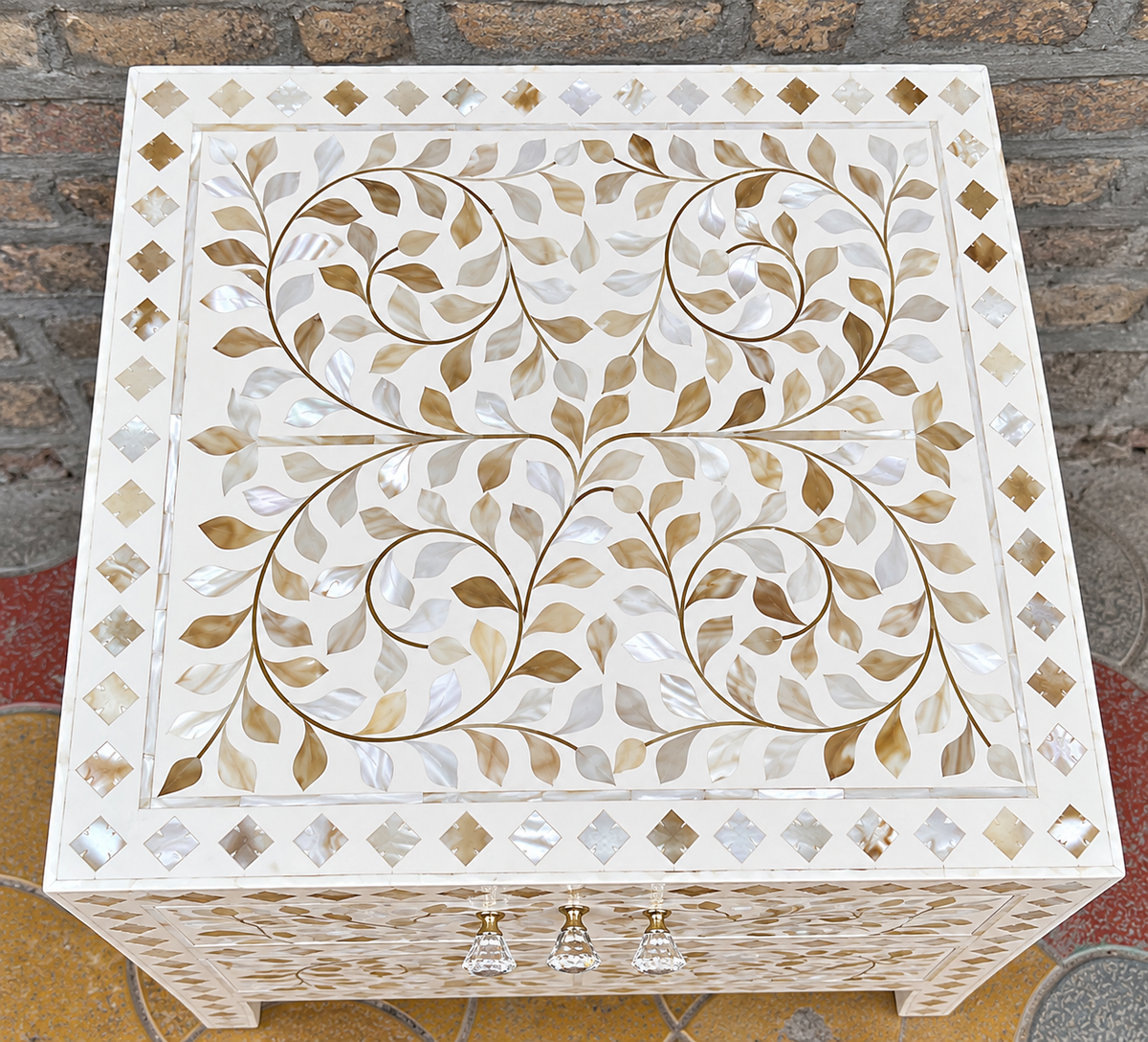 White Mother of Pearl Inlay Bedside Table – Handmade Floral 3 Drawer Nightstand