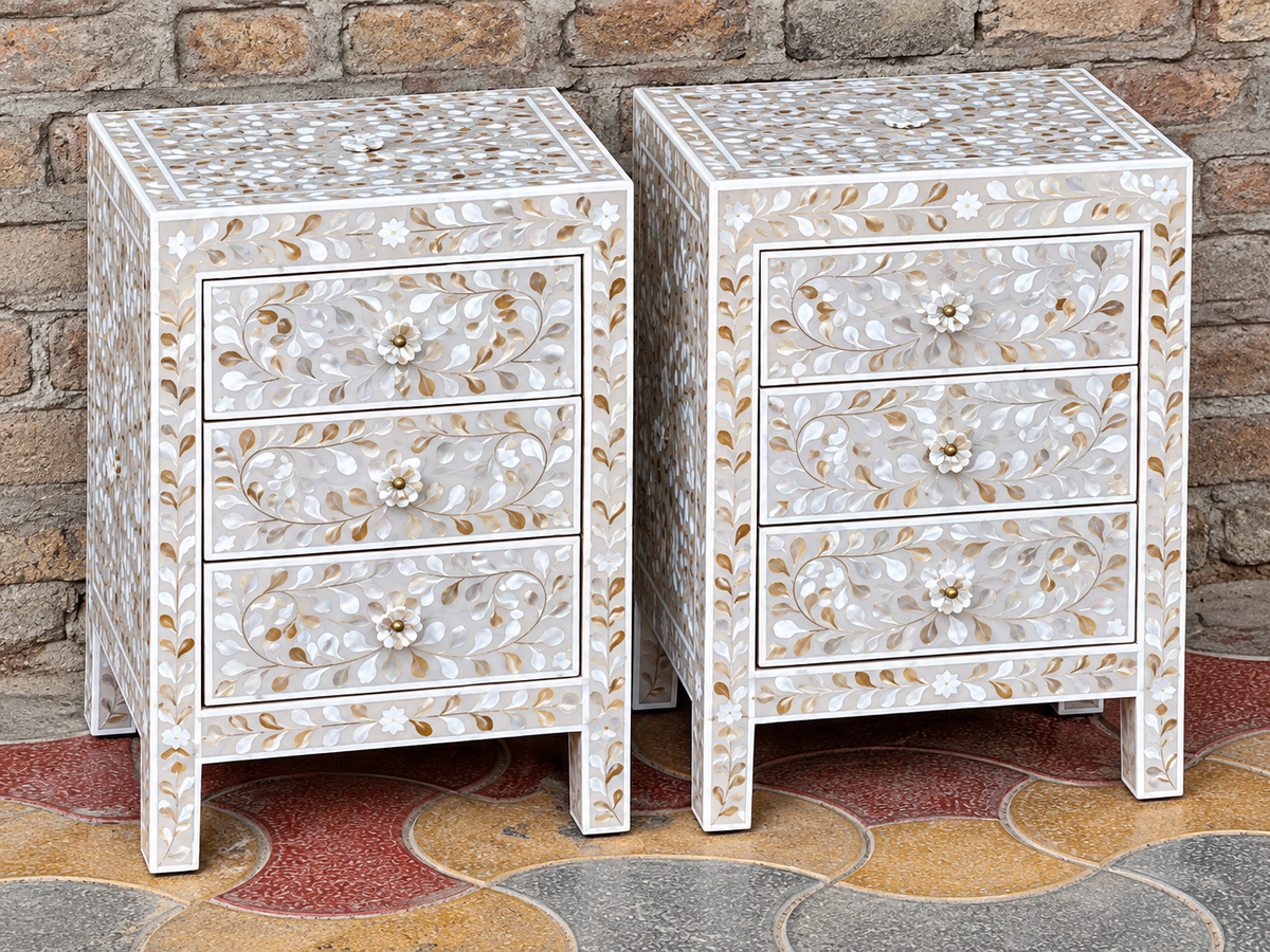 Set of 2 White Mother of Pearl Inlay Bedside Tables – Handmade Floral 3 Drawer Nightstands
