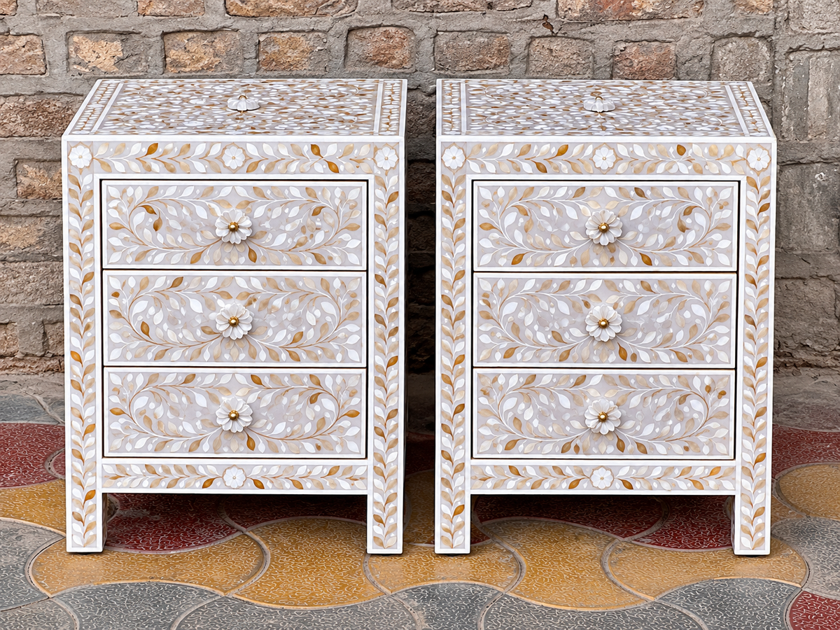 Set of 2 white Mother of Pearl inlay bedside tables with floral design and three drawers each