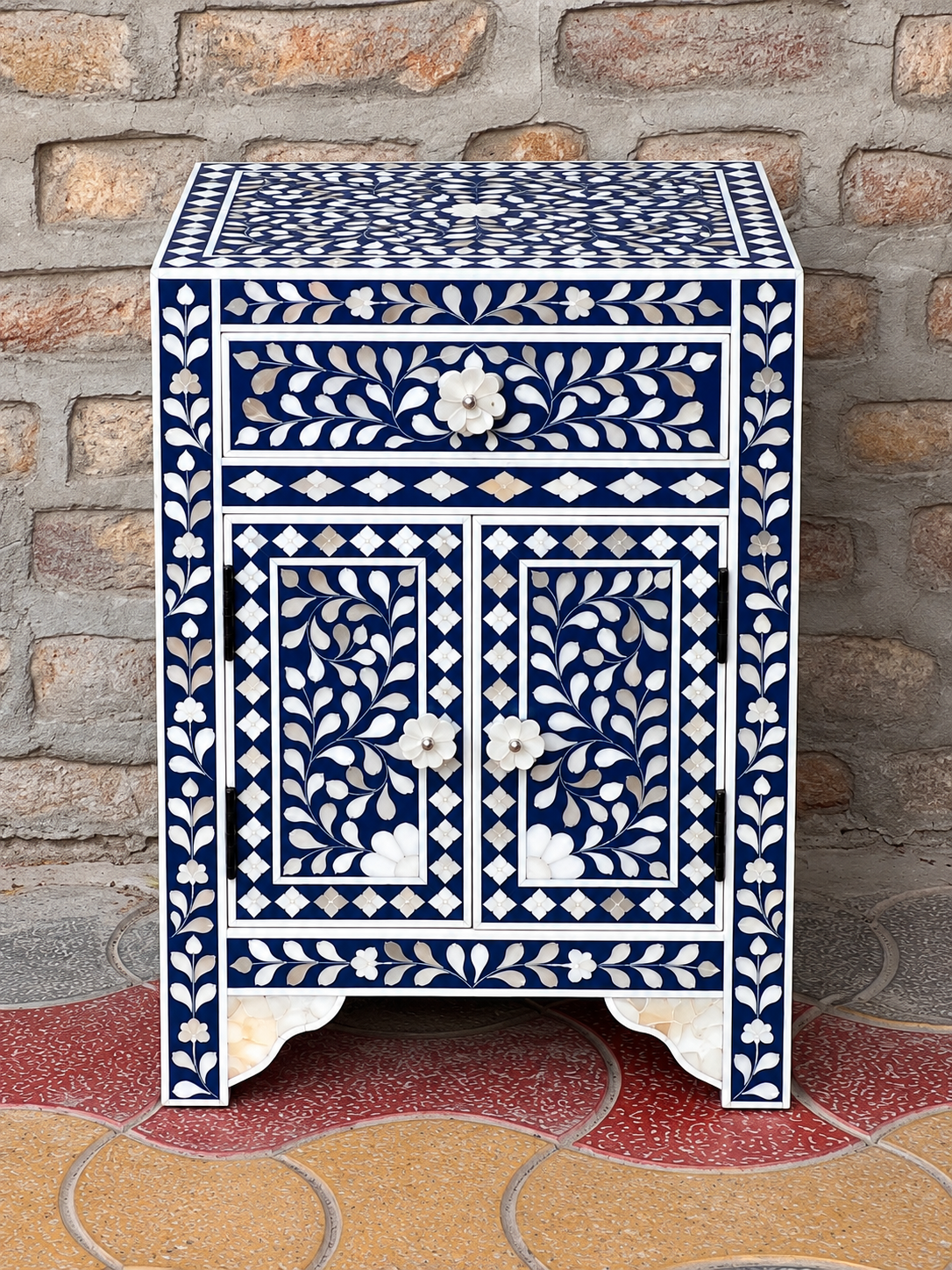 Blue Mother of Pearl Inlay Cabinet – Handmade Floral Storage Cabinet with Drawer & 2 Doors