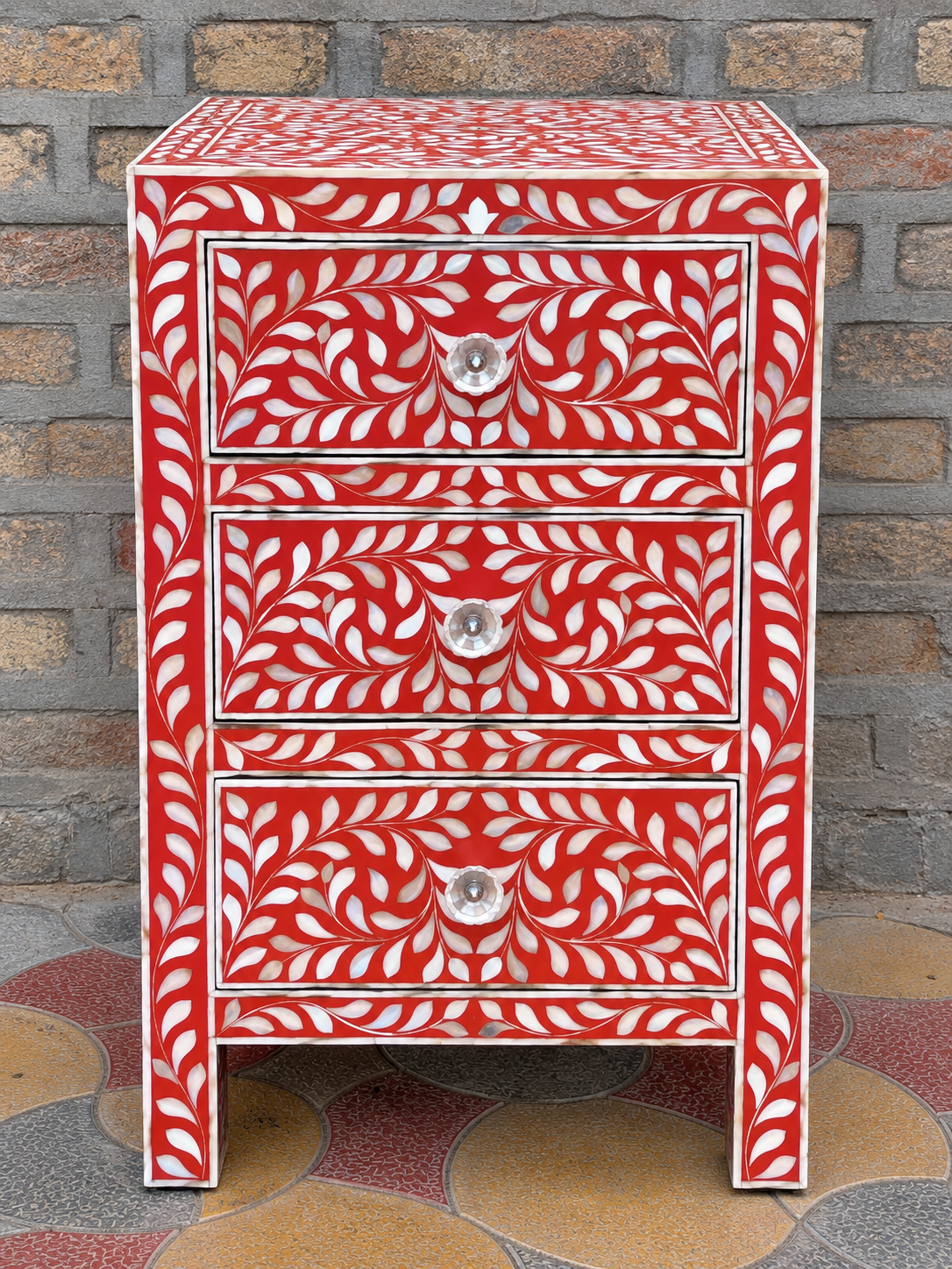 Red Mother of Pearl Inlay Bedside Table – Handmade Floral 3 Drawer Nightstand
