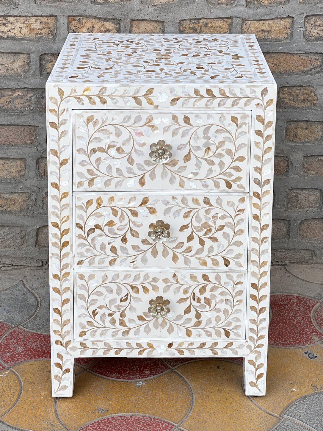 White Mother of Pearl inlay bedside table with floral design and three storage drawers