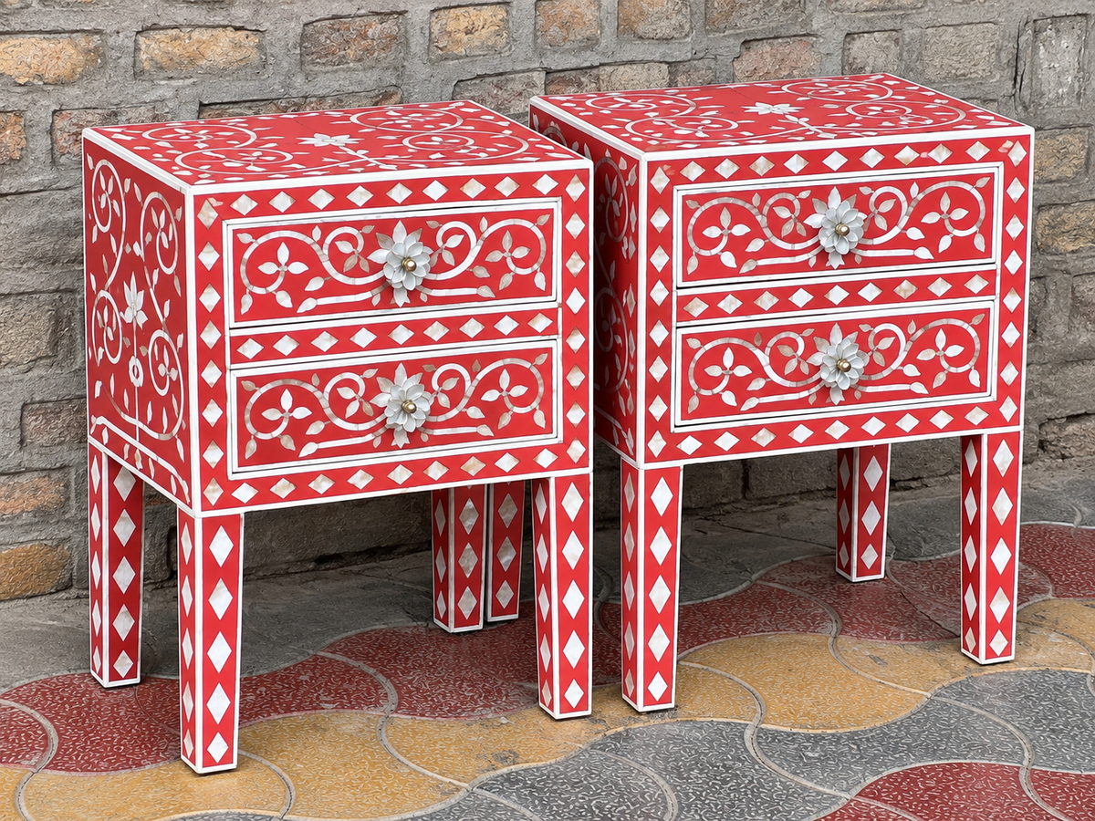 Set of 2 Coral Red Mother of Pearl Inlay Bedside Tables – Handmade Floral 2 Drawer Nightstands