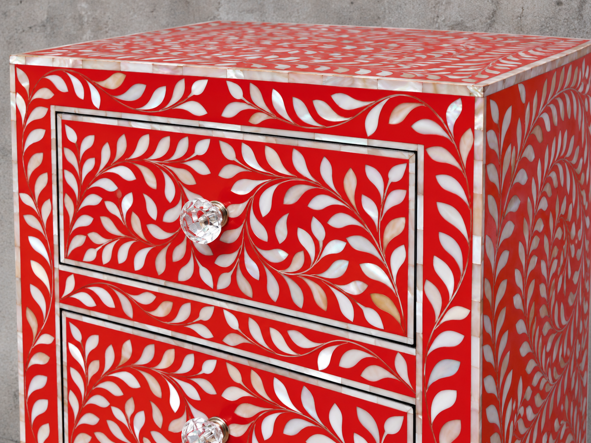 Red Mother of Pearl Inlay Bedside Table – Handmade Floral 3 Drawer Nightstand