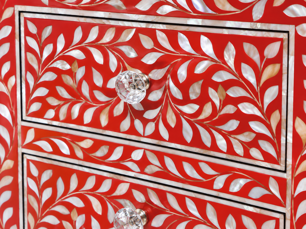 Red Mother of Pearl Inlay Bedside Table – Handmade Floral 3 Drawer Nightstand
