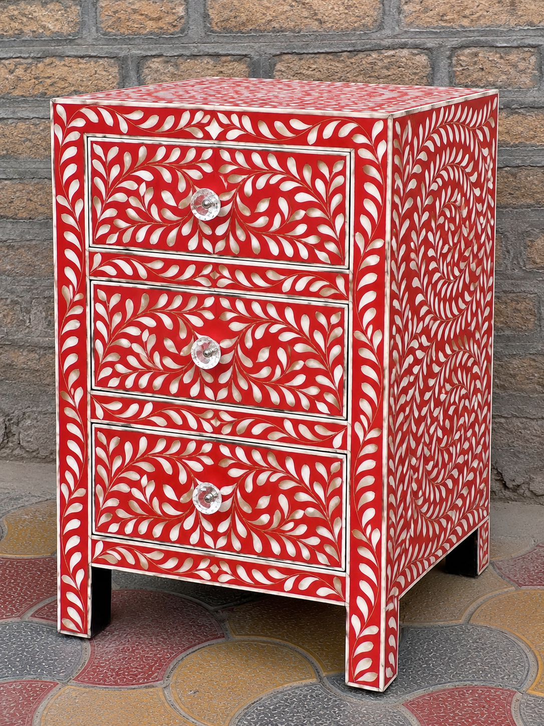 Red Mother of Pearl Inlay Bedside Table – Handmade Floral 3 Drawer Nightstand