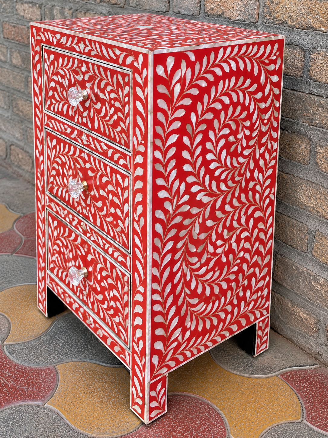 Red Mother of Pearl Inlay Bedside Table – Handmade Floral 3 Drawer Nightstand