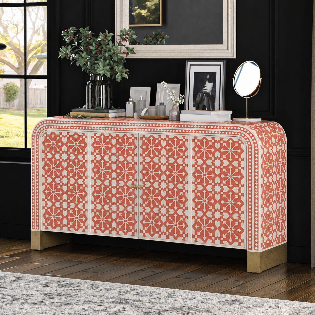 Handmade Bone Inlay Arrow Design Sideboard – Coral White Buffet Cabinet, Luxury Storage Credenza, Artisan Inlay Furniture