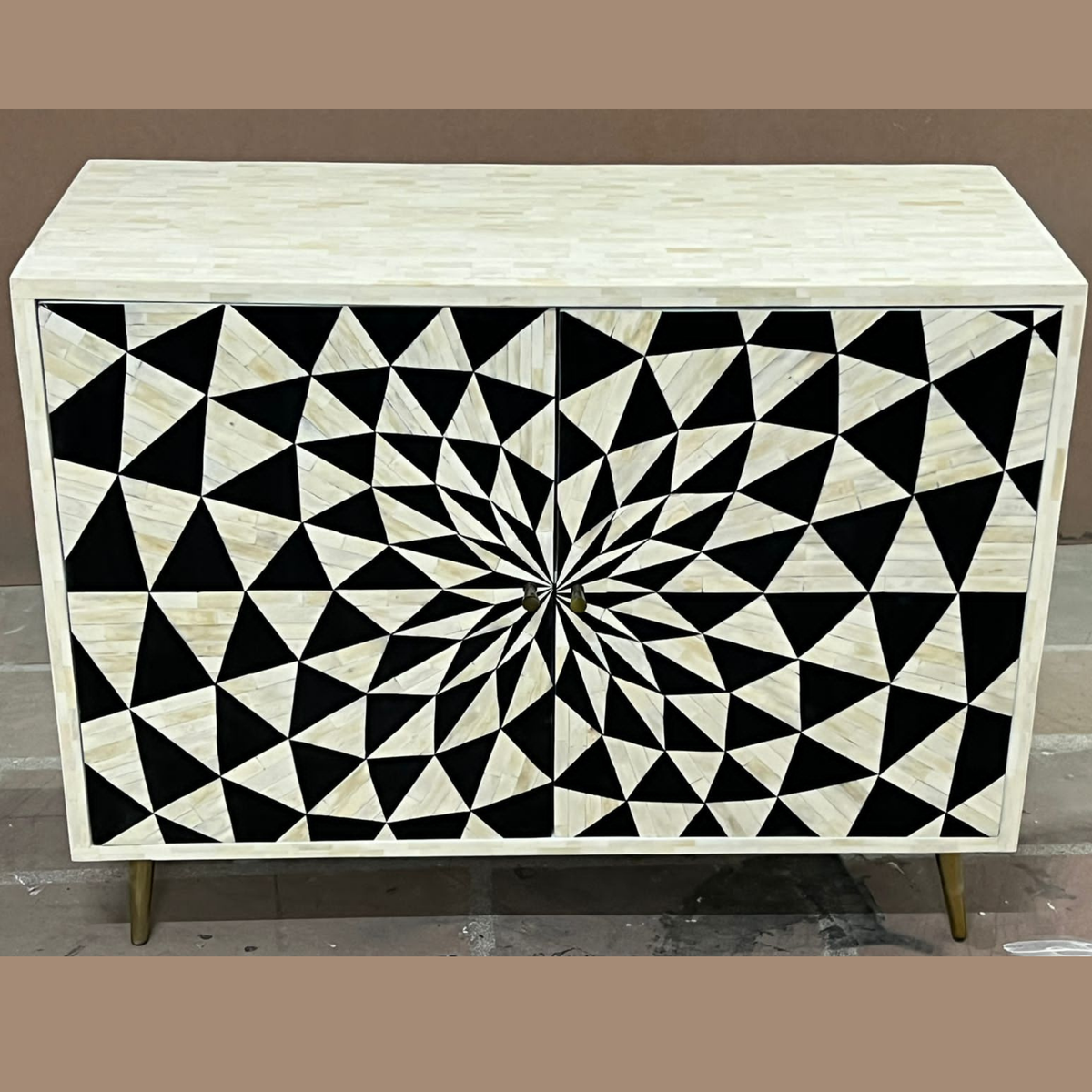 Handmade Black & White Bone Inlay Sideboard – Geometric Starburst 2 Door Cabinet