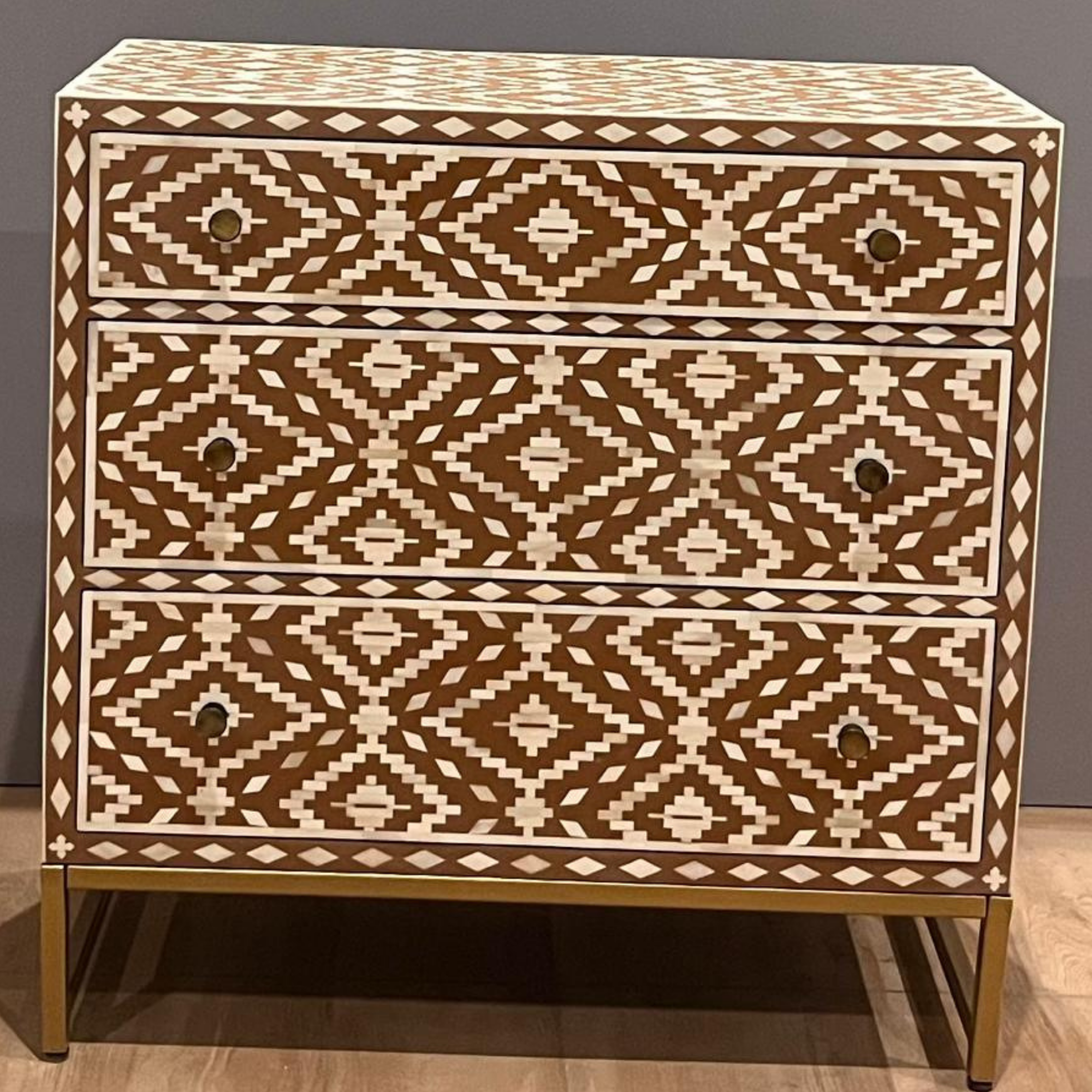 Handmade Bone Inlay Geometric 3 Drawer Chest | Wooden Bone Inlay Dresser Cabinet