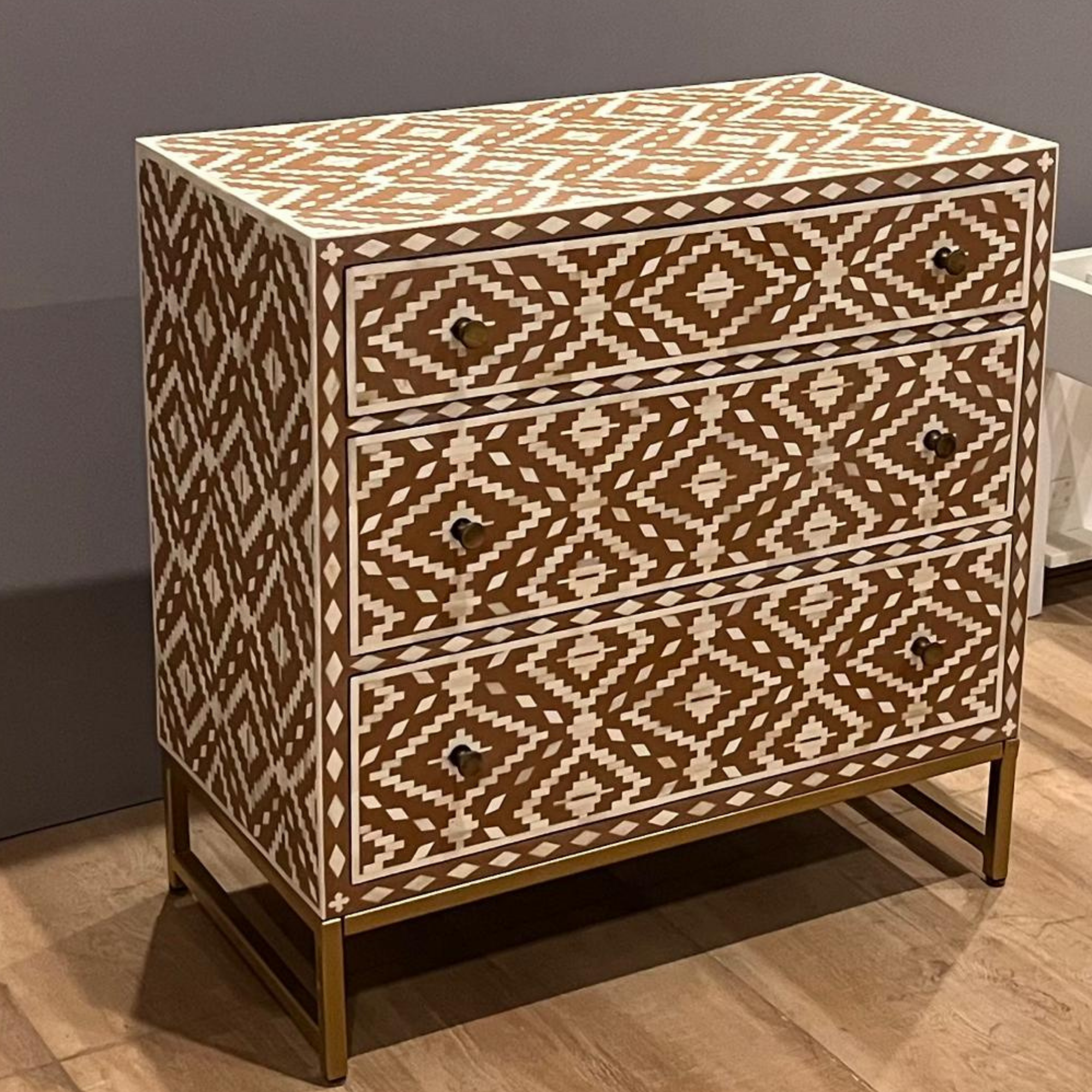 Handmade Bone Inlay Geometric 3 Drawer Chest | Wooden Bone Inlay Dresser Cabinet