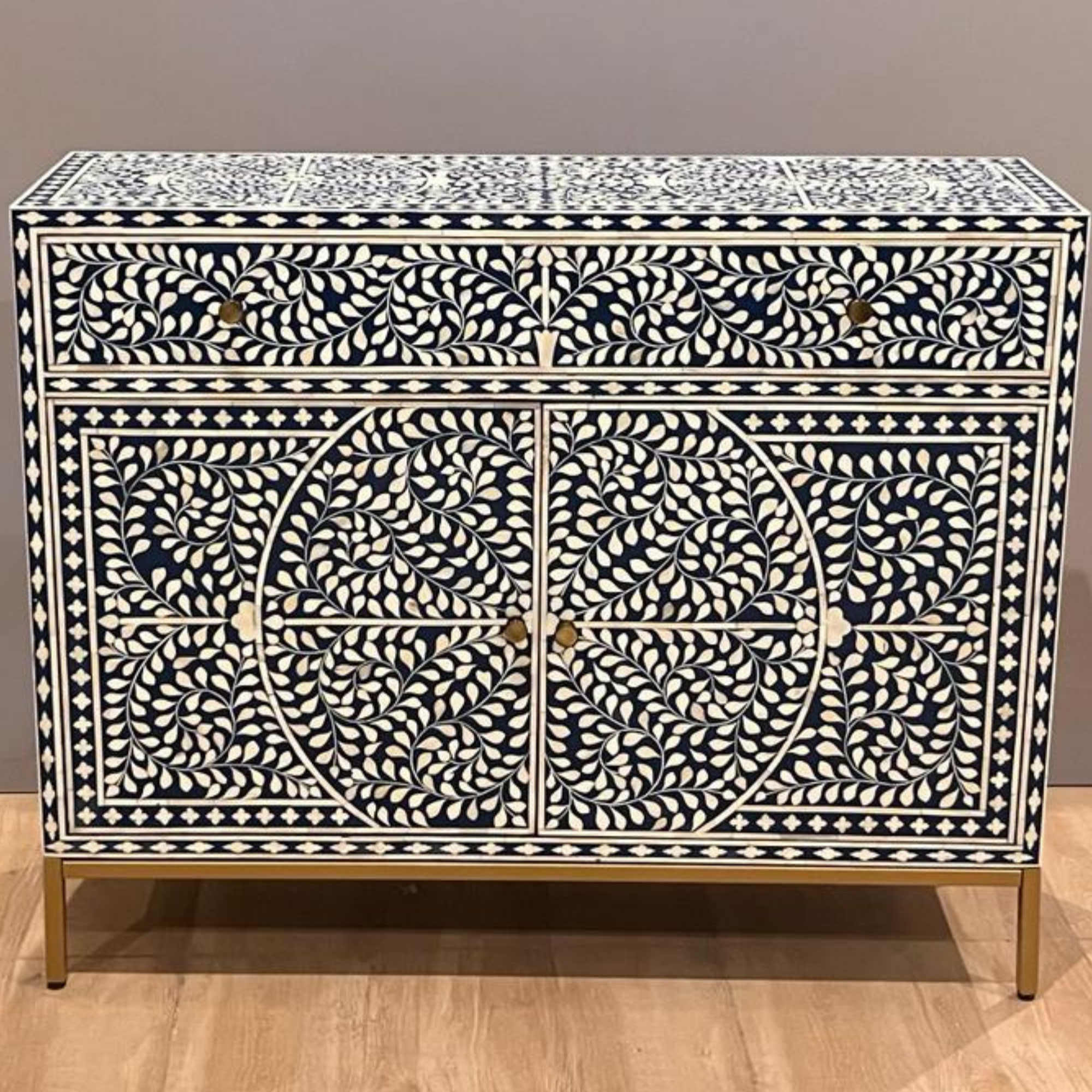 Handmade Bone Inlay Floral Design Sideboard Cabinet | Luxury Storage Buffet Console